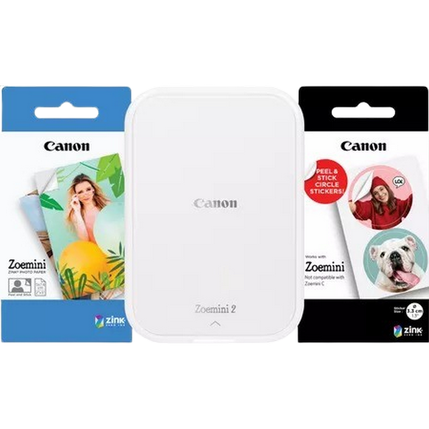 Una impresora Canon Zoemini 2 blanca con papel fotográfico Zink y pegatinas.