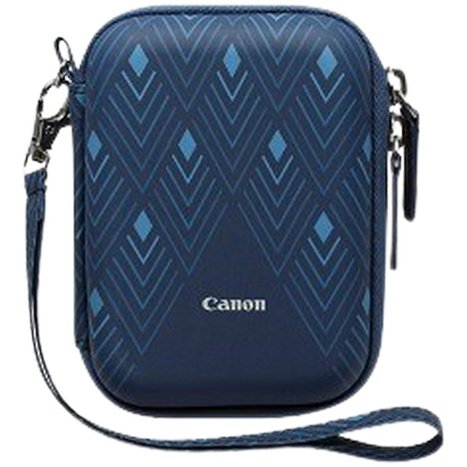 Funda azul oscuro para cámara con patrón geométrico y correa.