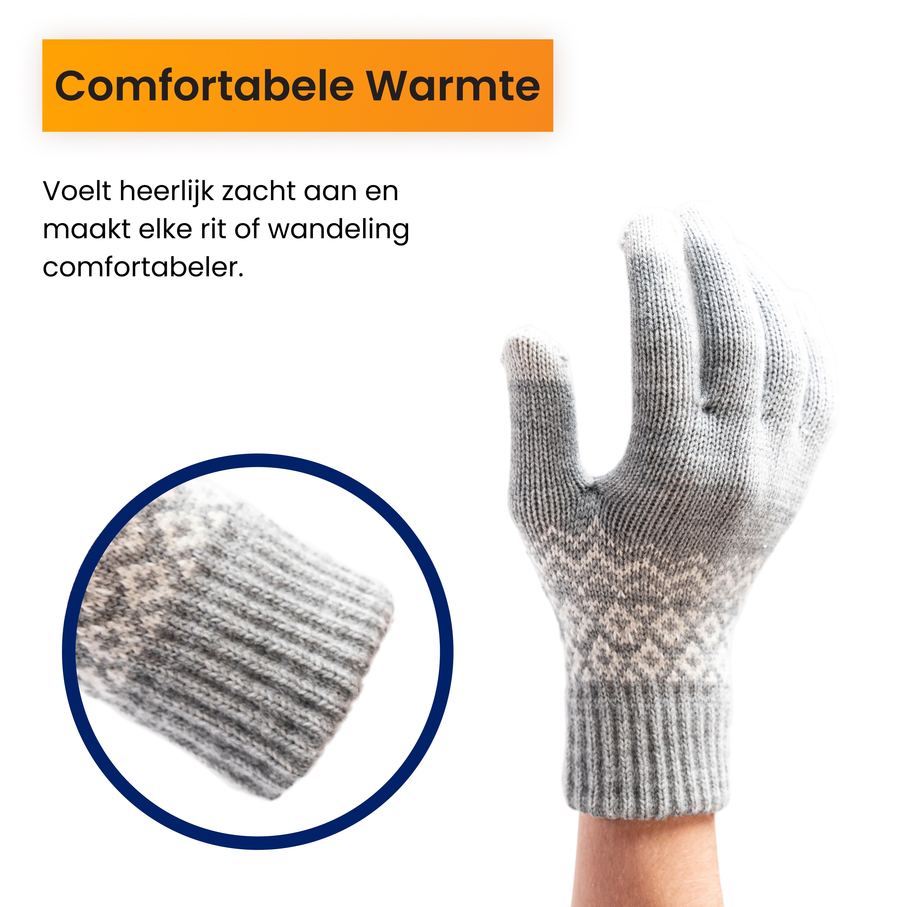 Gray knitted glove with a pattern, worn on a hand.