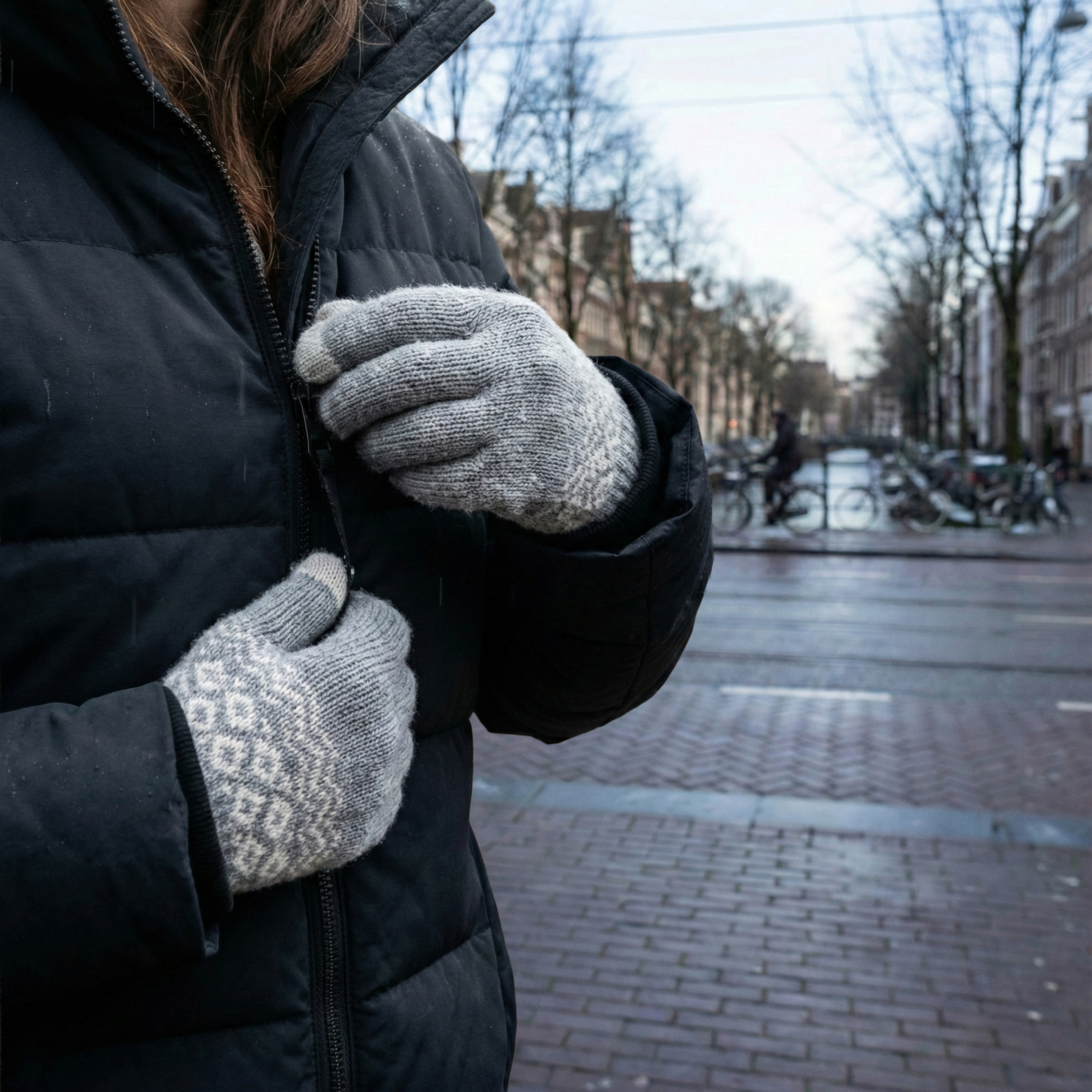 Person in black jacket with knitted gloves zipping it up.