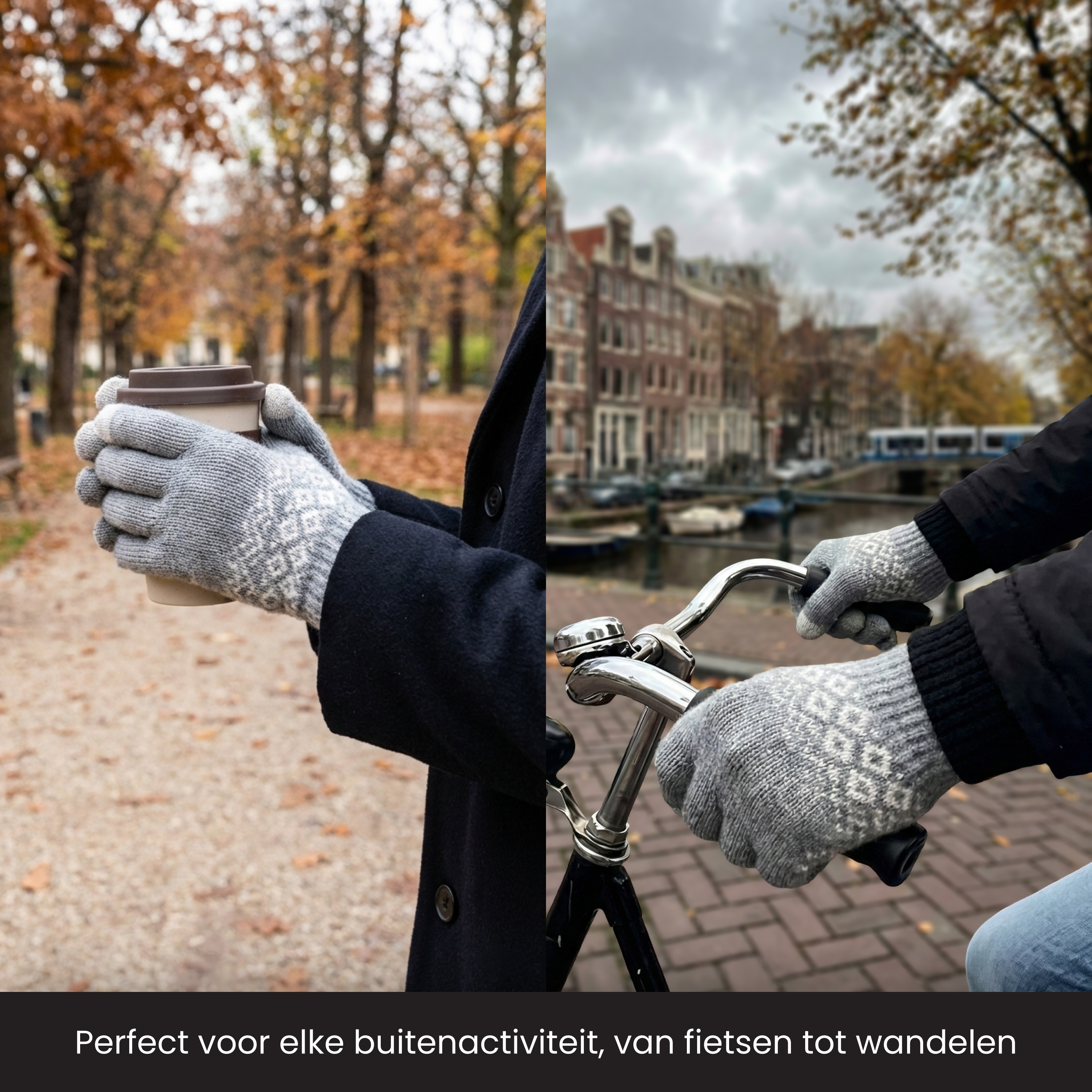 Gray gloves hold coffee and a bike handlebar amid autumn leaves and city buildings.