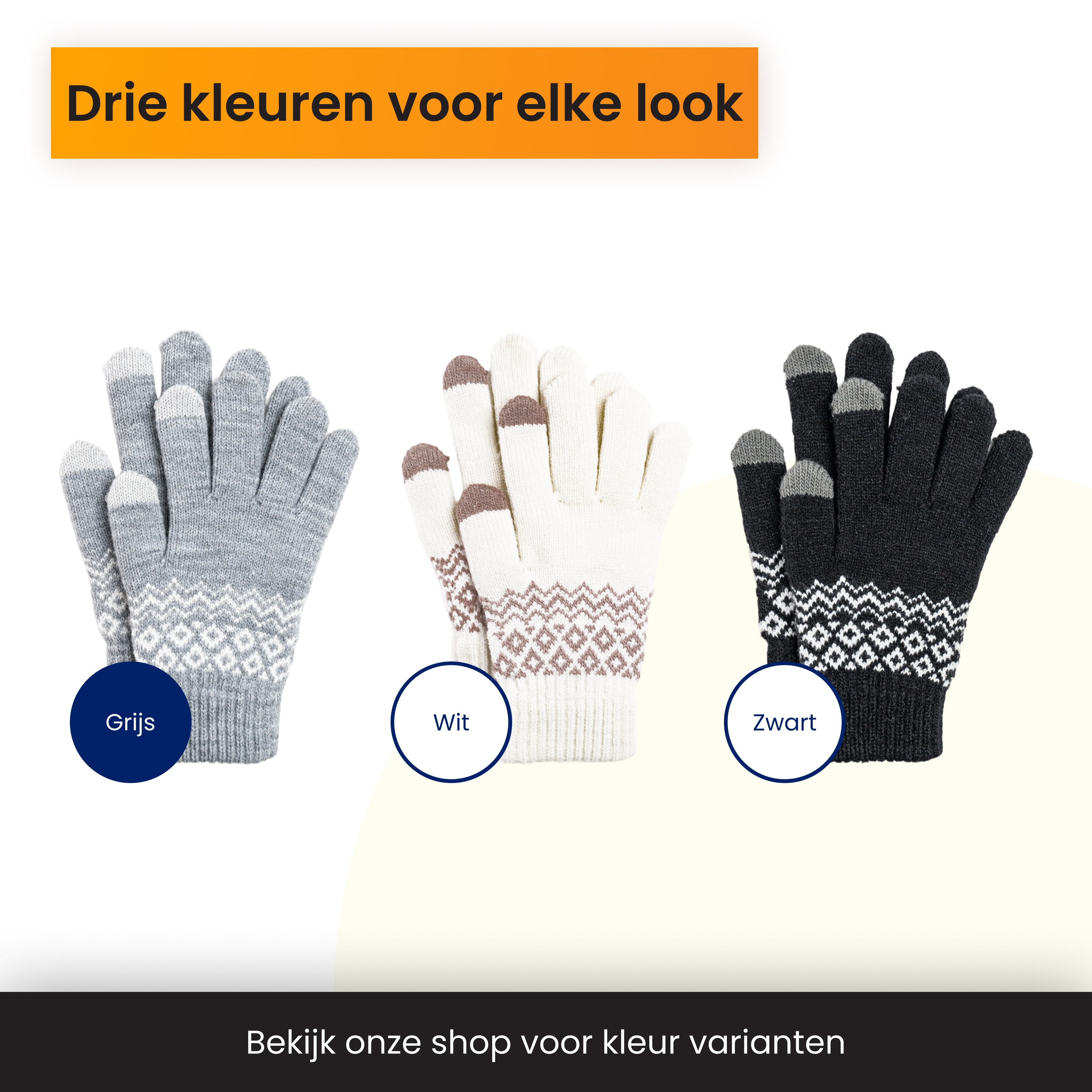 Three pairs of knitted gloves in grey, white, and black with fair isle pattern.