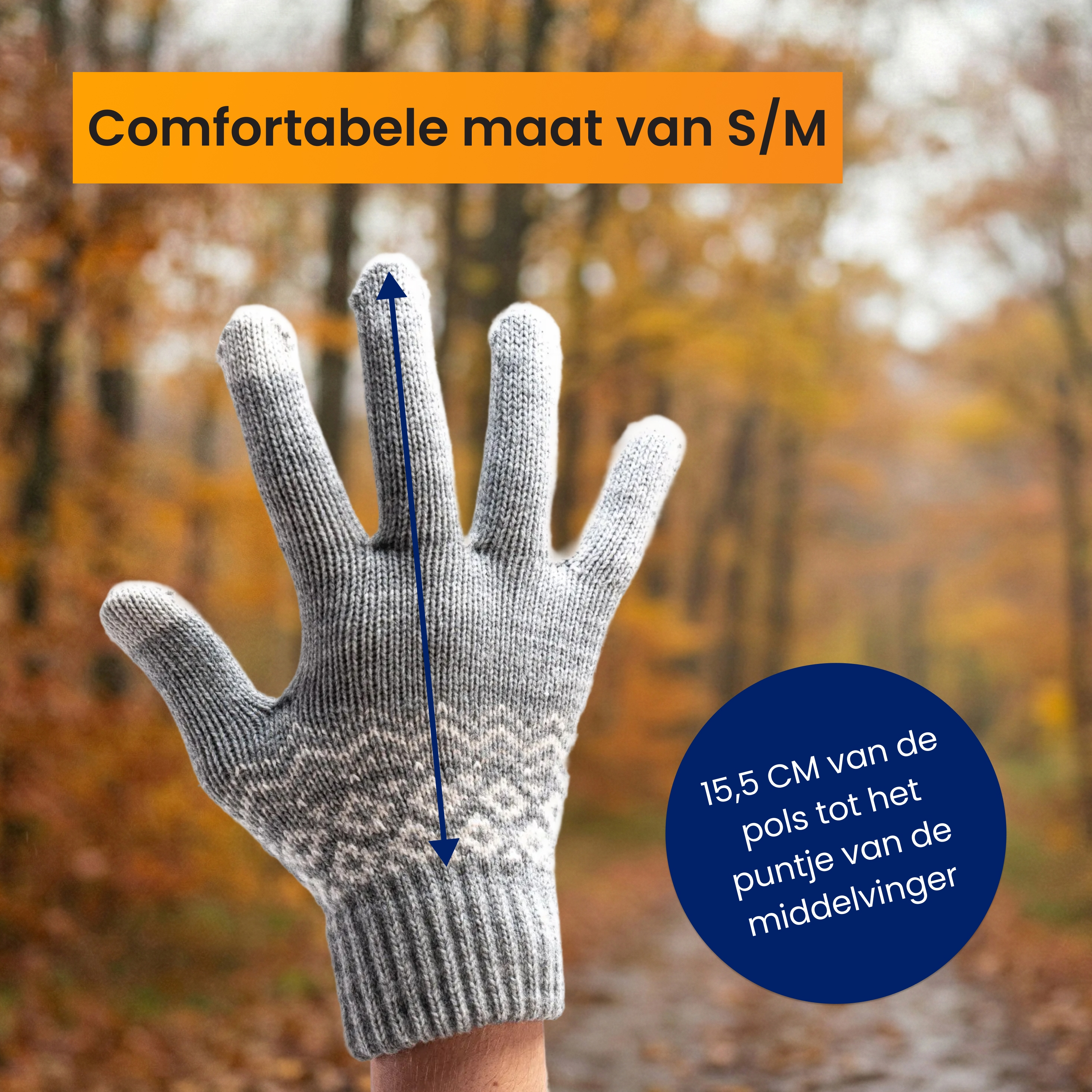 Gray knit glove, size S/M, with measurement indicator.