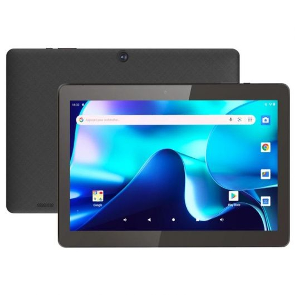 Un tablet nero con uno sfondo blu e una fotocamera in alto.
