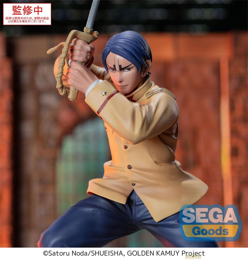Eine Figur in gelber Uniform mit Schwert, blaue Haare, ernster Blick.