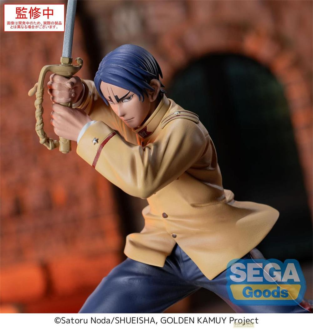 Eine Figur mit blauem Haar und gelber Uniform hält ein Schwert.