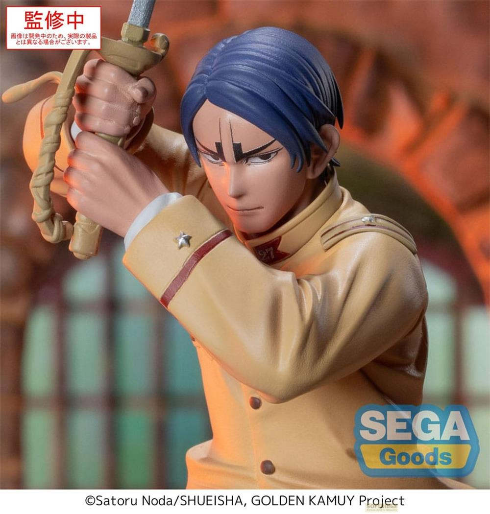 Anime-Figur von einem Mann in einer hellbraunen Uniform mit blauen Haaren, der ein Schwert hält.