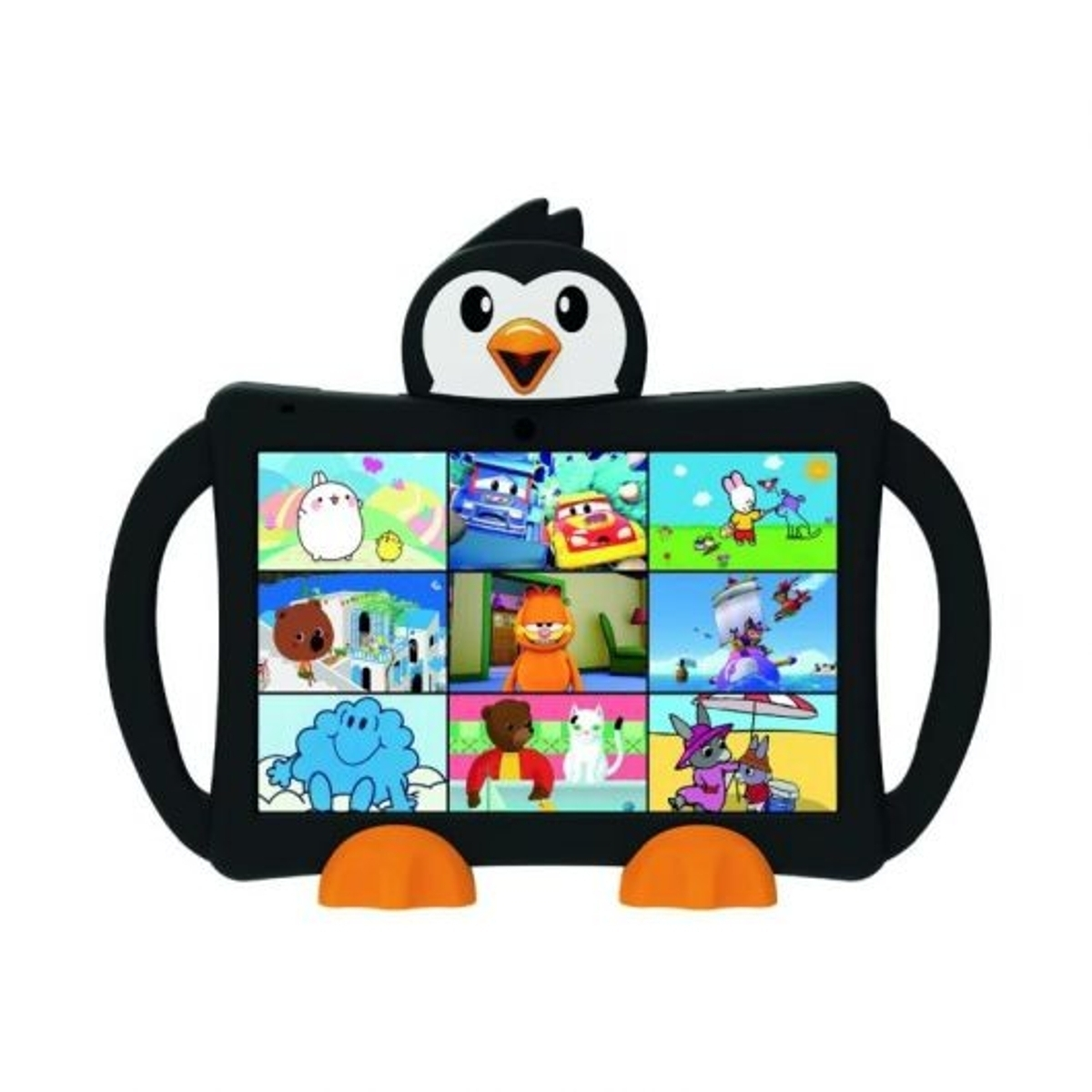 Tablet con custodia a pinguino, mostra 9 miniature di cartoni animati.