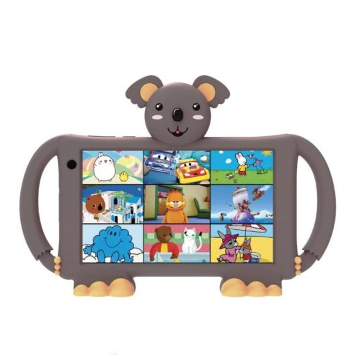 Tablet per bambini grigio con orecchie da koala e schermi colorati. Presenta scene di cartoni animati.