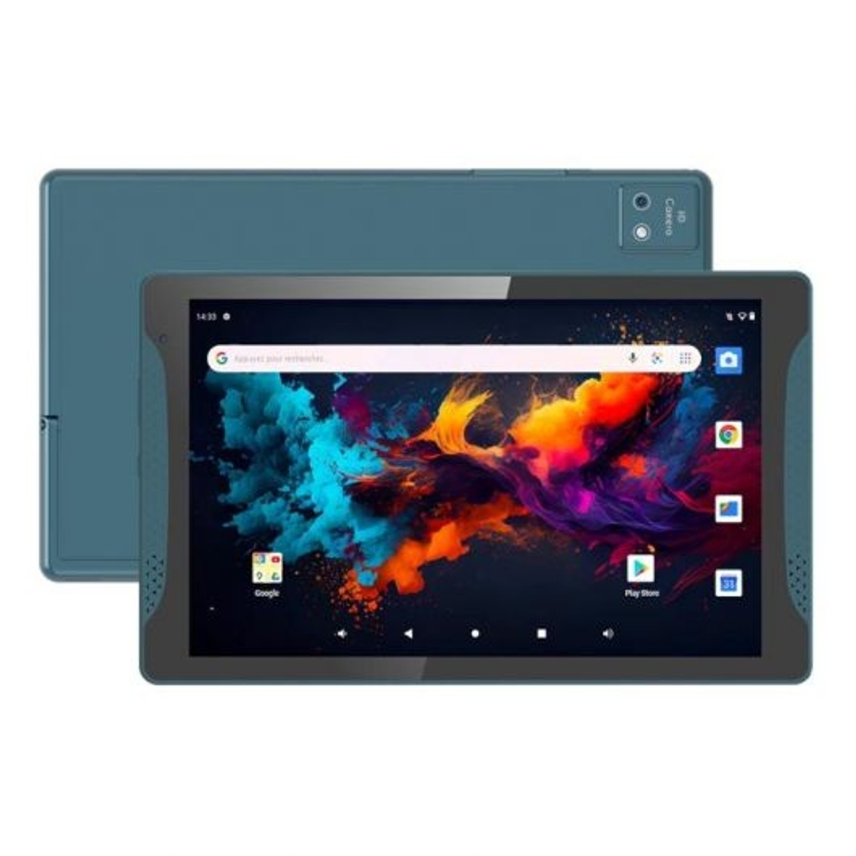 Una tableta azul que muestra un fondo de pantalla colorido, con cámaras en la parte trasera.