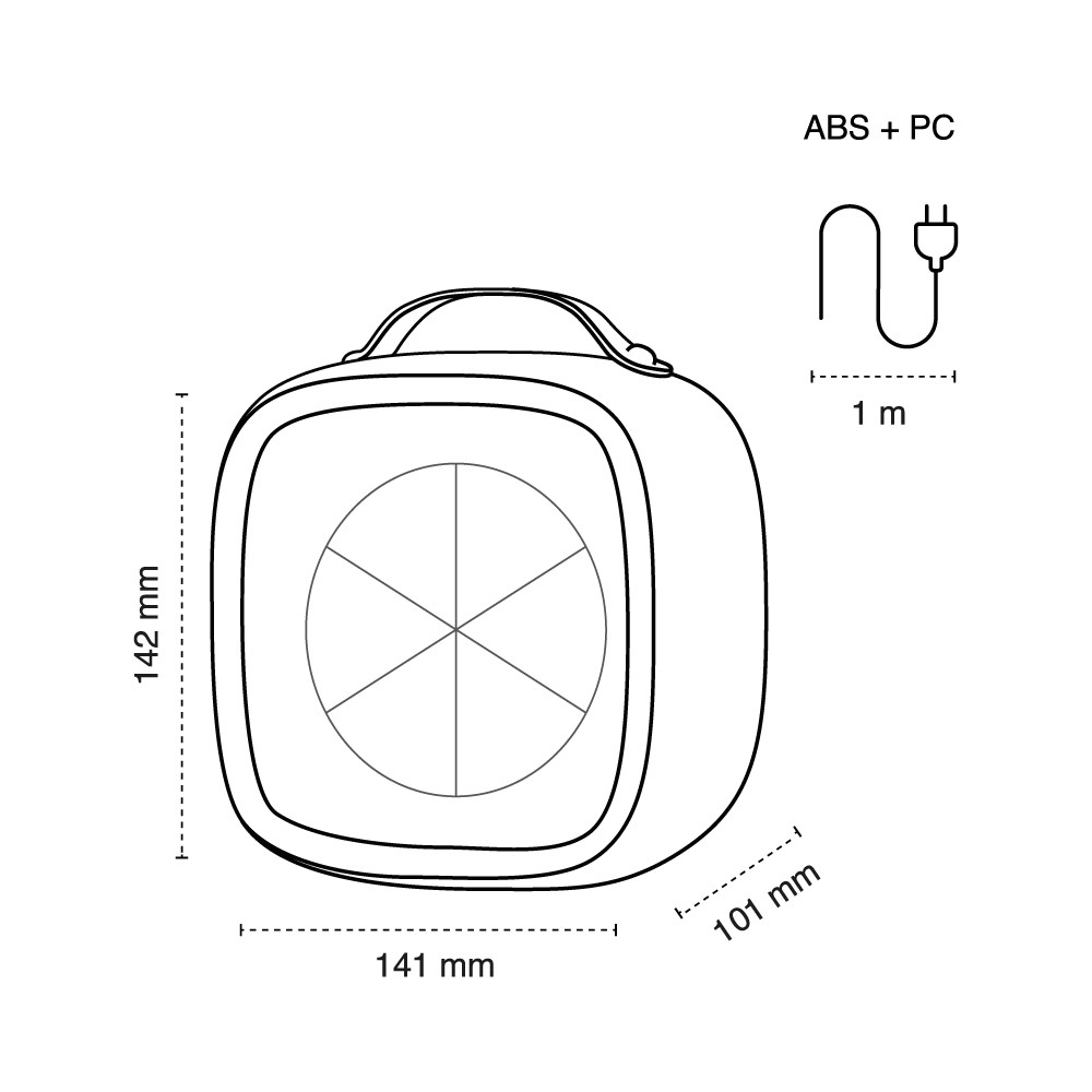 Dibujo técnico de una bolsa con dimensiones. Material ABS+PC, cable de 1m.