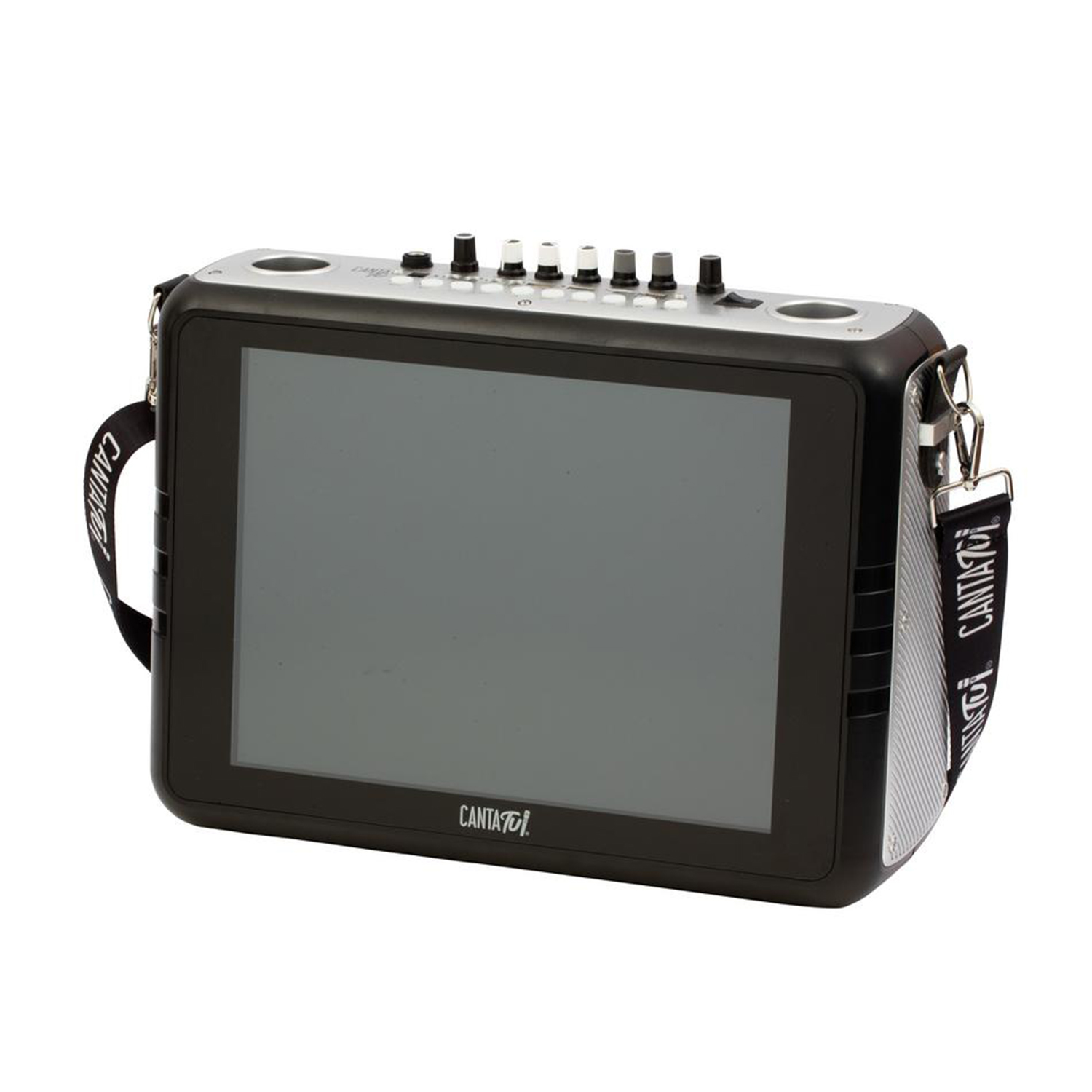 Un dispositivo elettronico nero con schermo e manopole, con cinghia.
