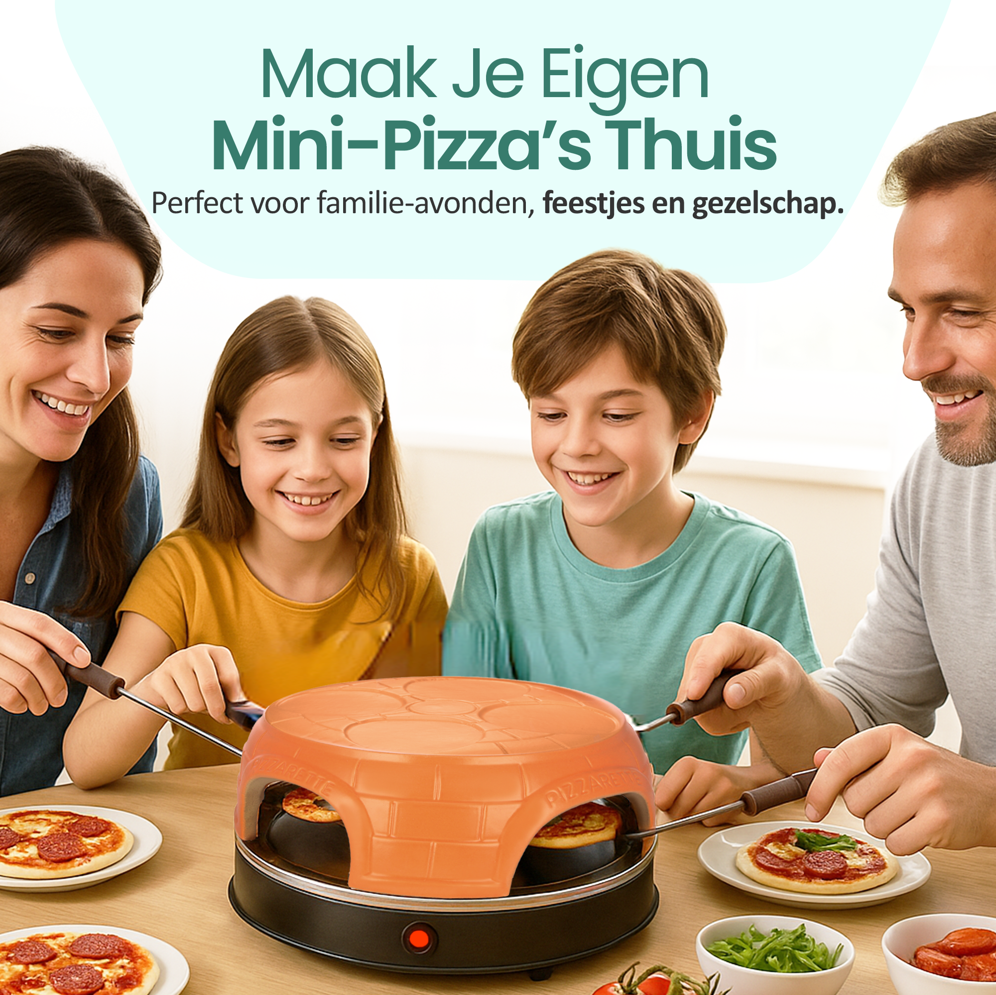 Family making mini pizzas at a table with an orange pizza maker.