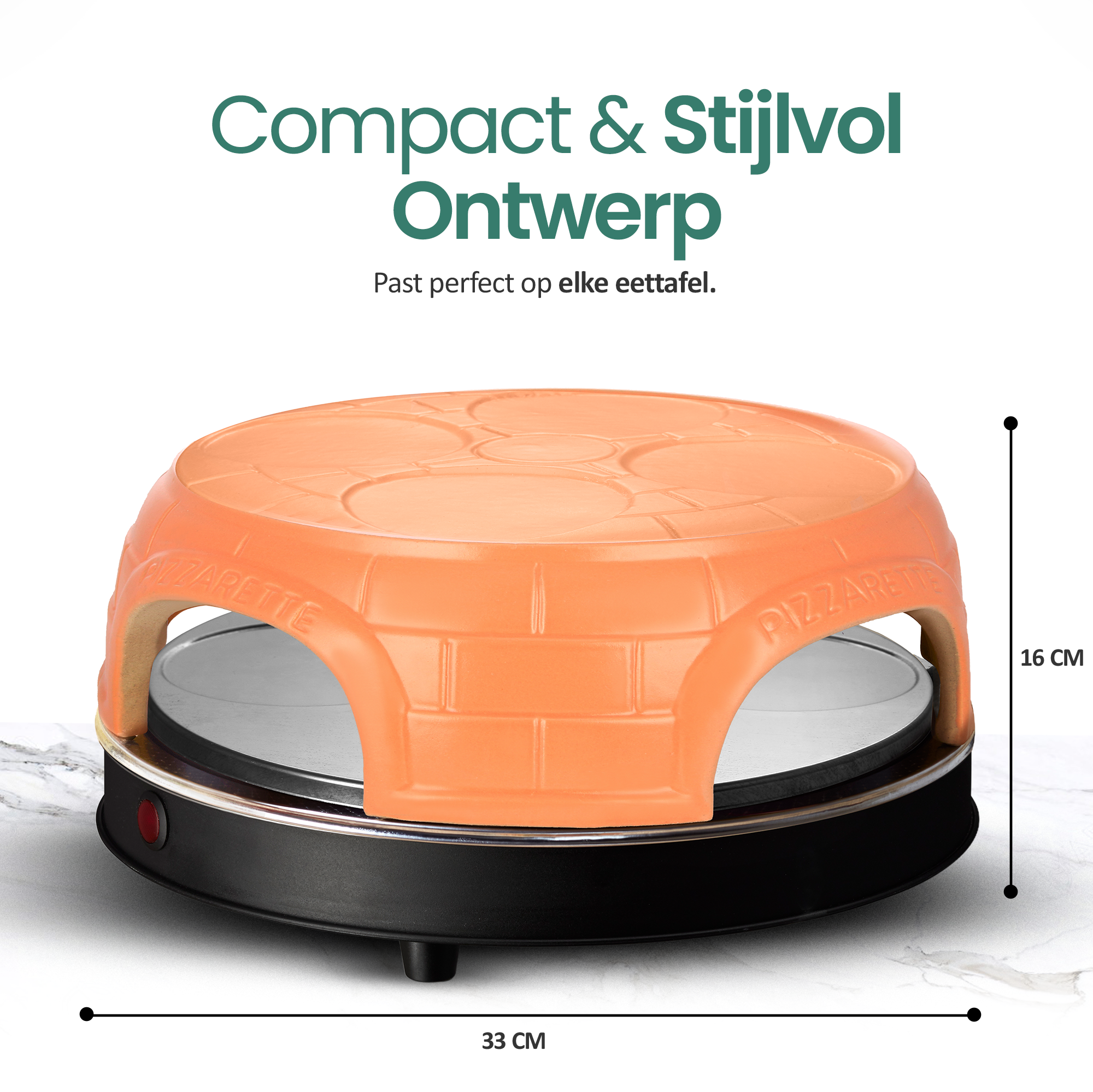 Orange pizza oven with black base, 33cm wide and 16cm high.