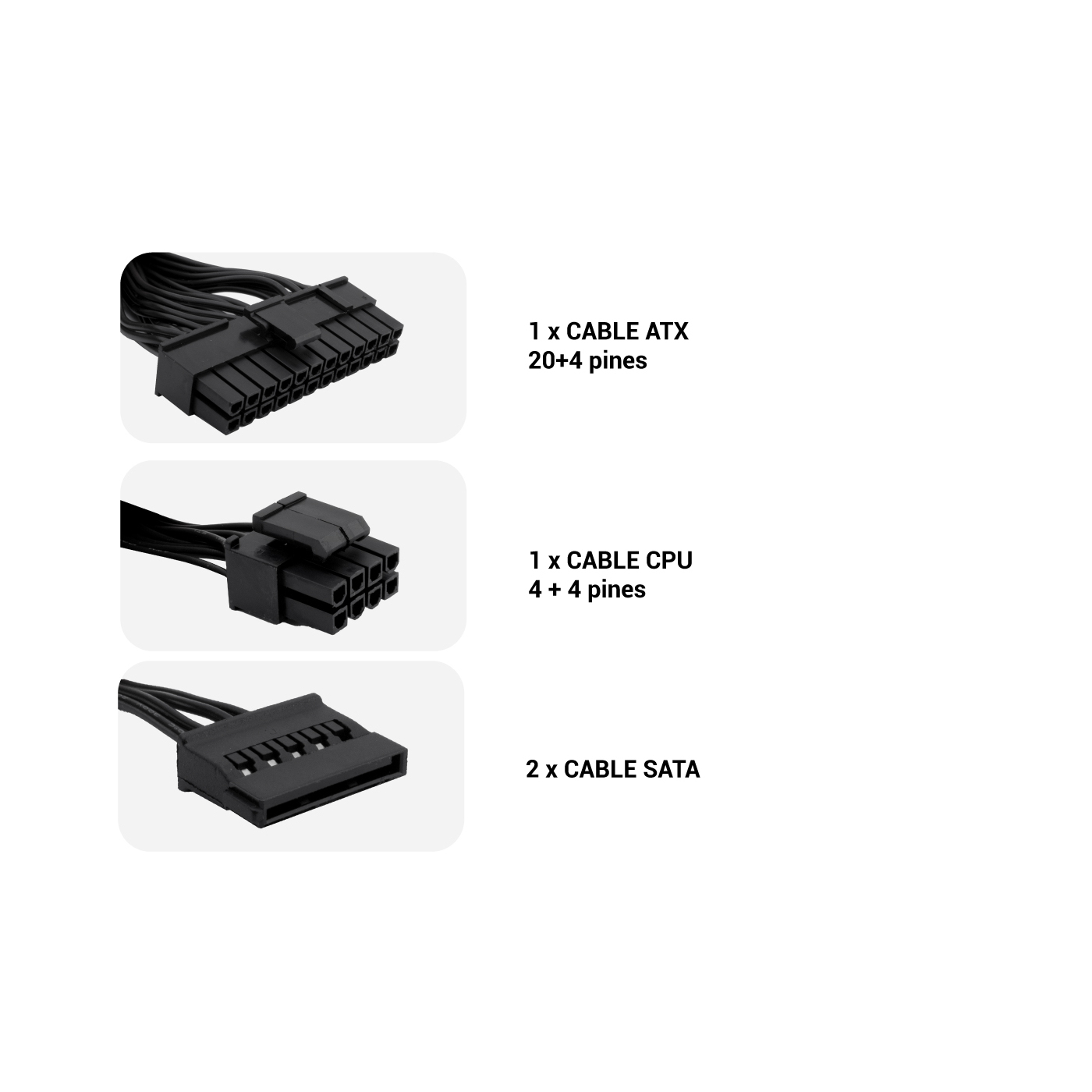Jeden kabel ATX 20+4 pin, jeden kabel CPU 4+4 pin i dwa kable SATA.