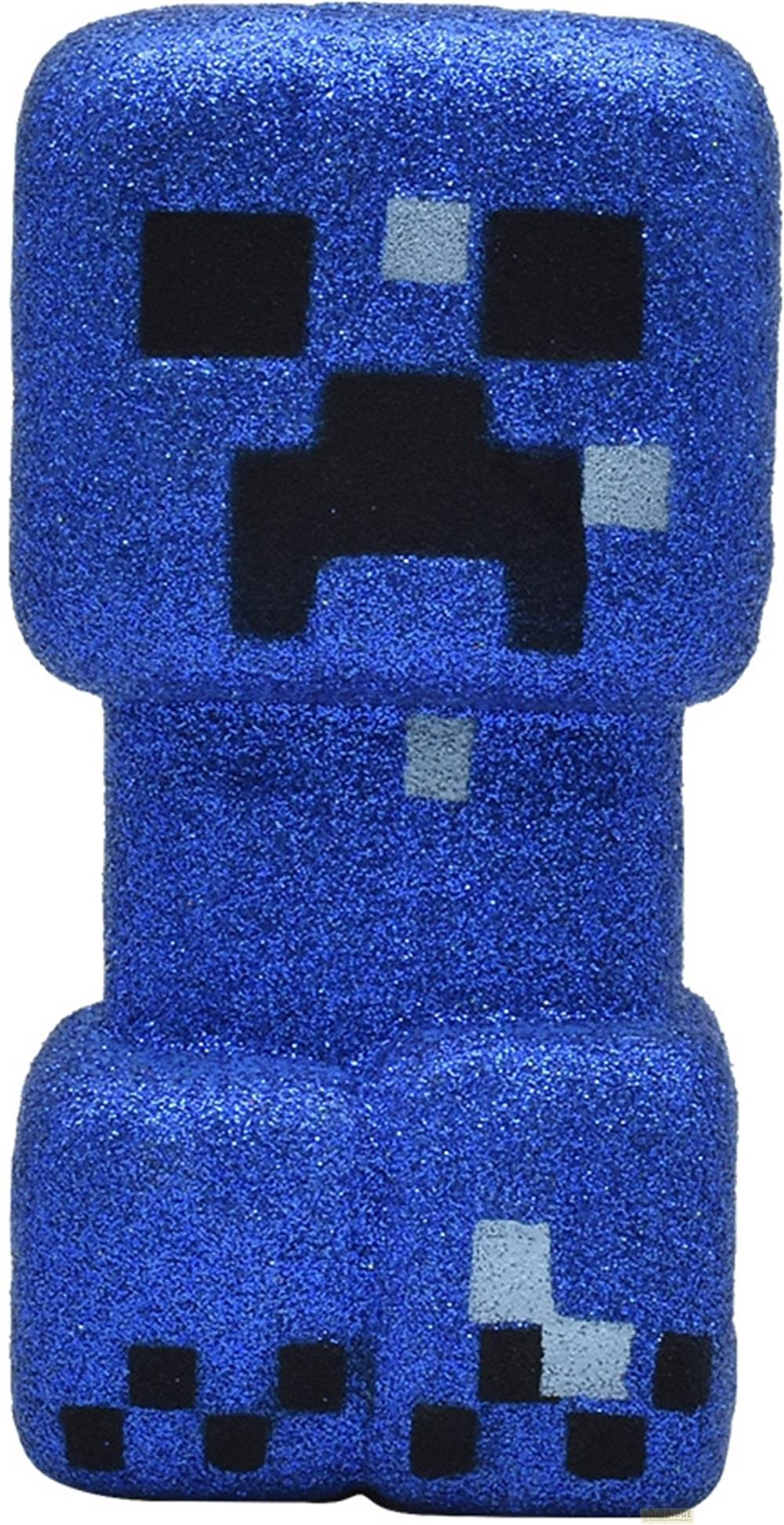 Ein glitzernder blauer Minecraft Creeper mit schwarzen und grauen Pixeln.