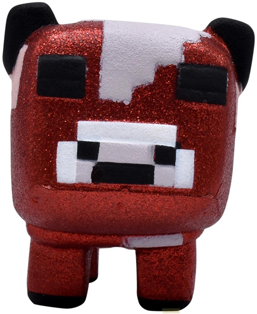 Glitzernde rote Kuhfigur mit weißen und schwarzen Pixelmerkmalen.
