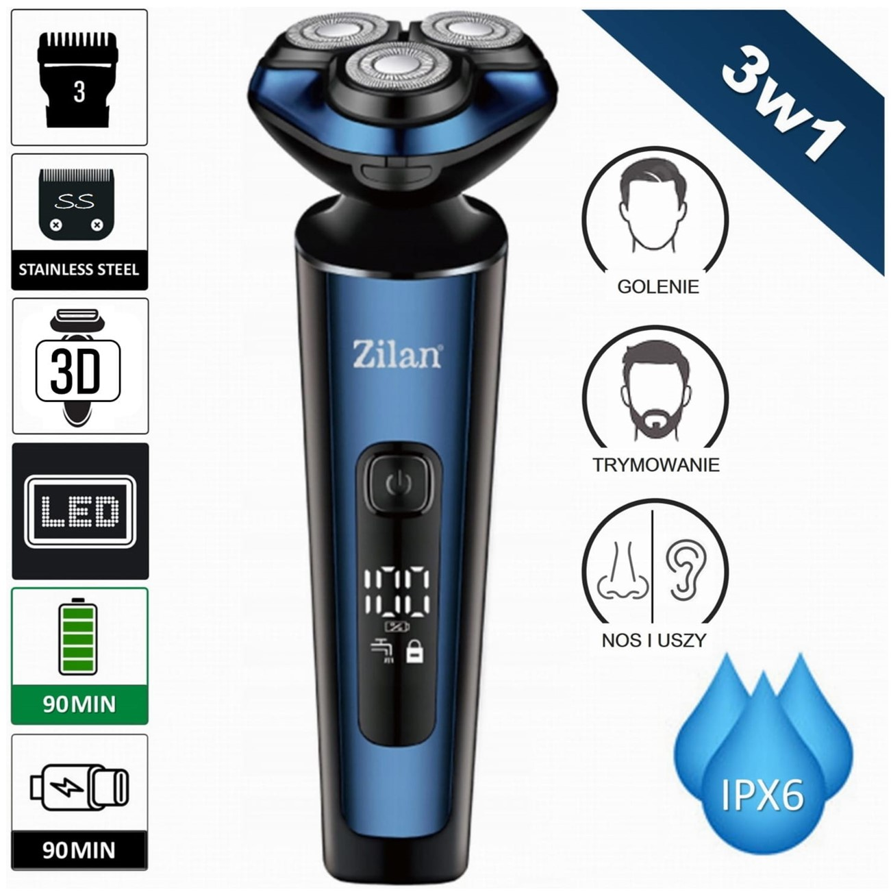 Niebieska maszynka Zilan z wyświetlaczem LED, głowicą 3D i wodoodpornością IPX6.