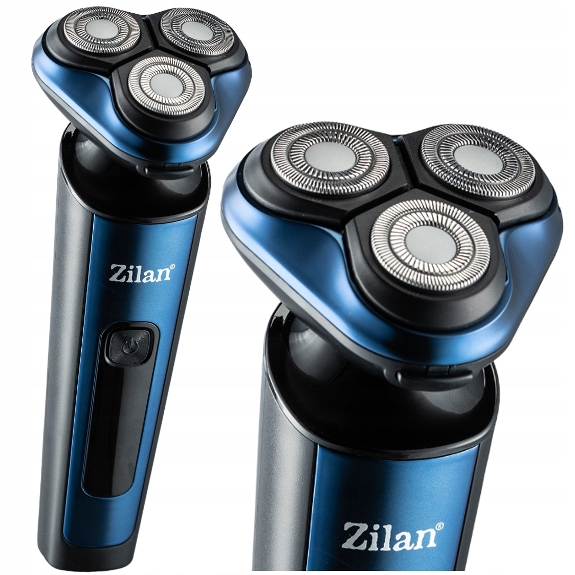 Niebieska golarka elektryczna marki Zilan z trzema obrotowymi głowicami.