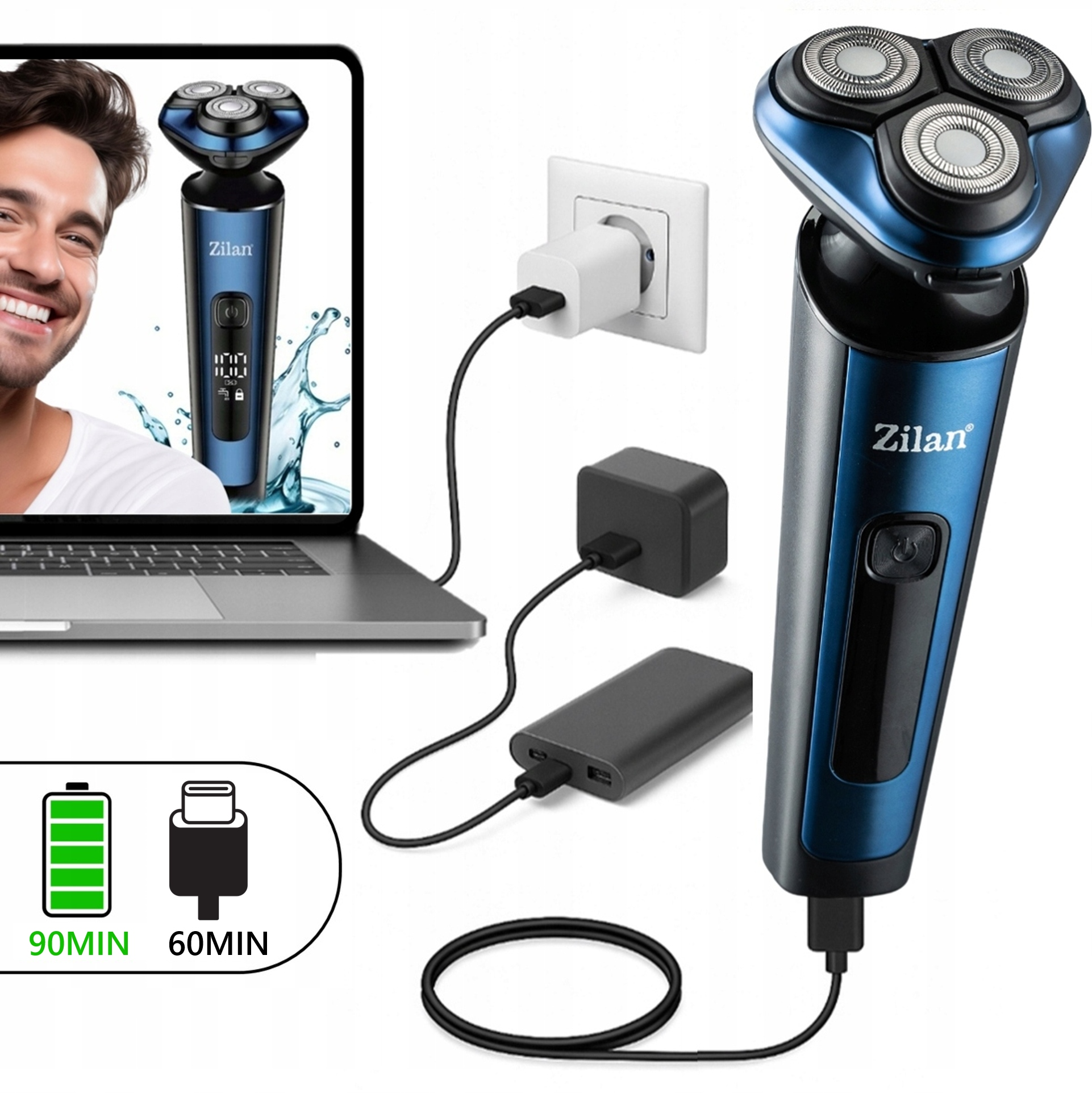 Niebieska maszynka do golenia jest ładowana przez kabel USB. Obok laptop z obrazem maszynki.