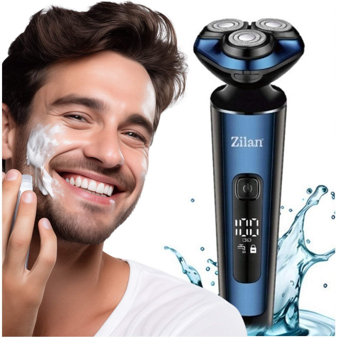 Mężczyzna z pianką do golenia na twarzy obok niebieskiej golarki elektrycznej.