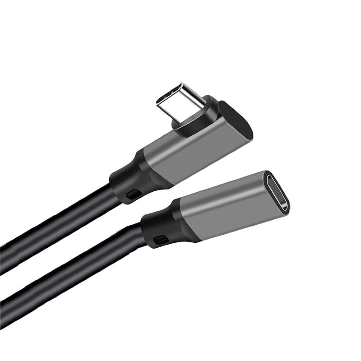 Czarny kabel USB-C z kątowym złączem męskim i żeńskim.