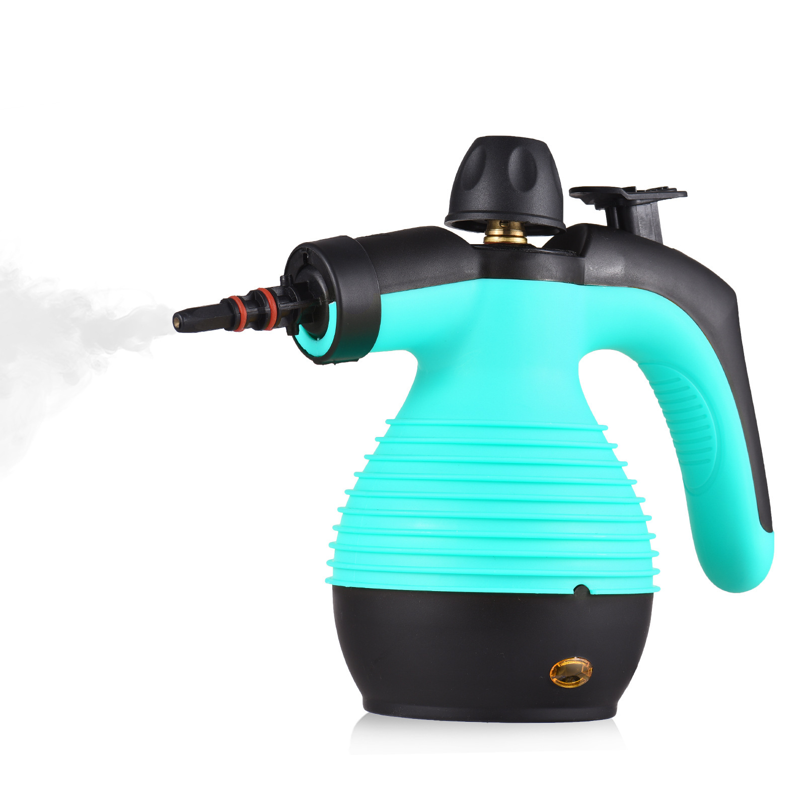 Ein türkisfarbener Dampfreiniger mit schwarzem Griff gibt Dampf ab.