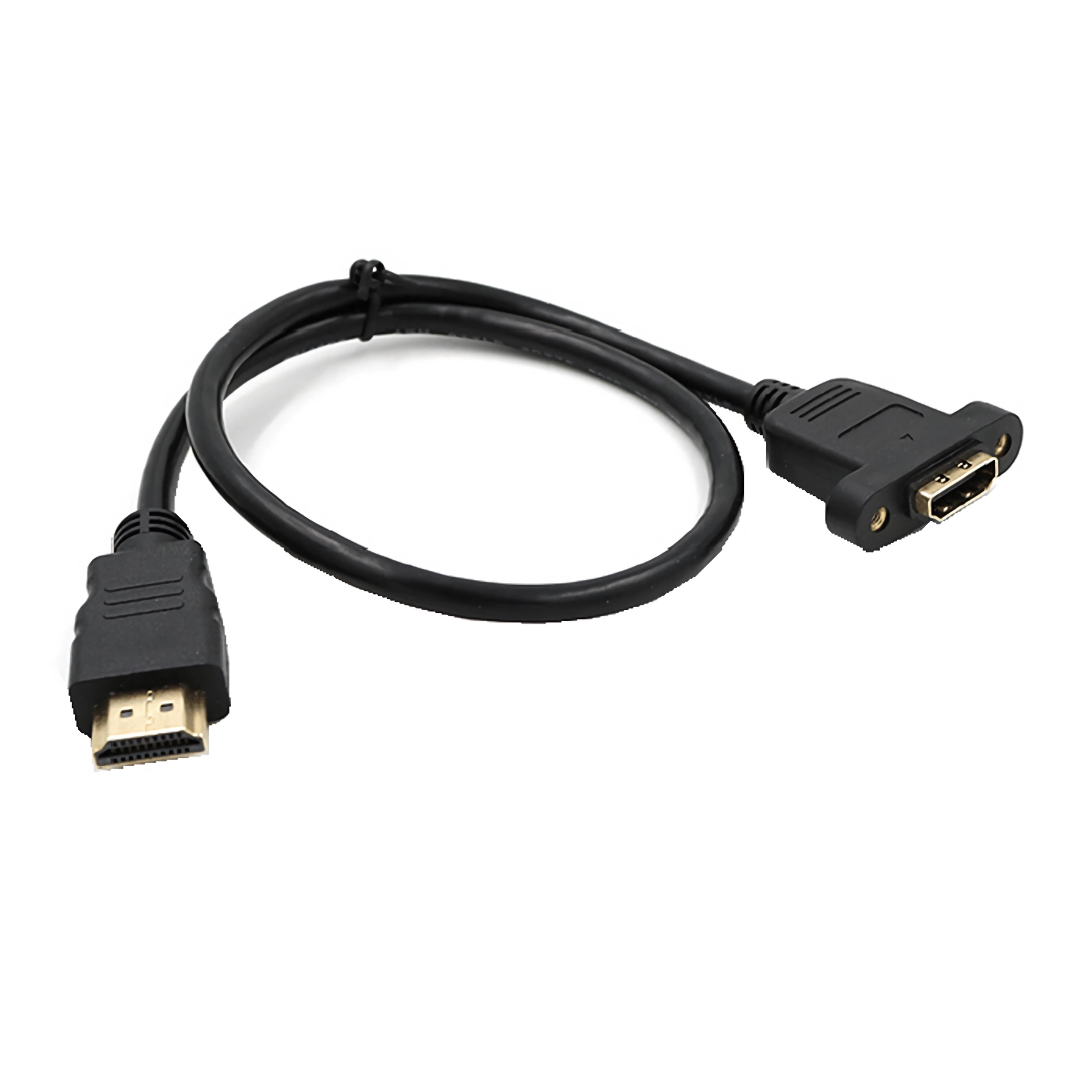 Ein schwarzes HDMI-Verlängerungskabel mit einem HDMI-Stecker und einer Buchse.