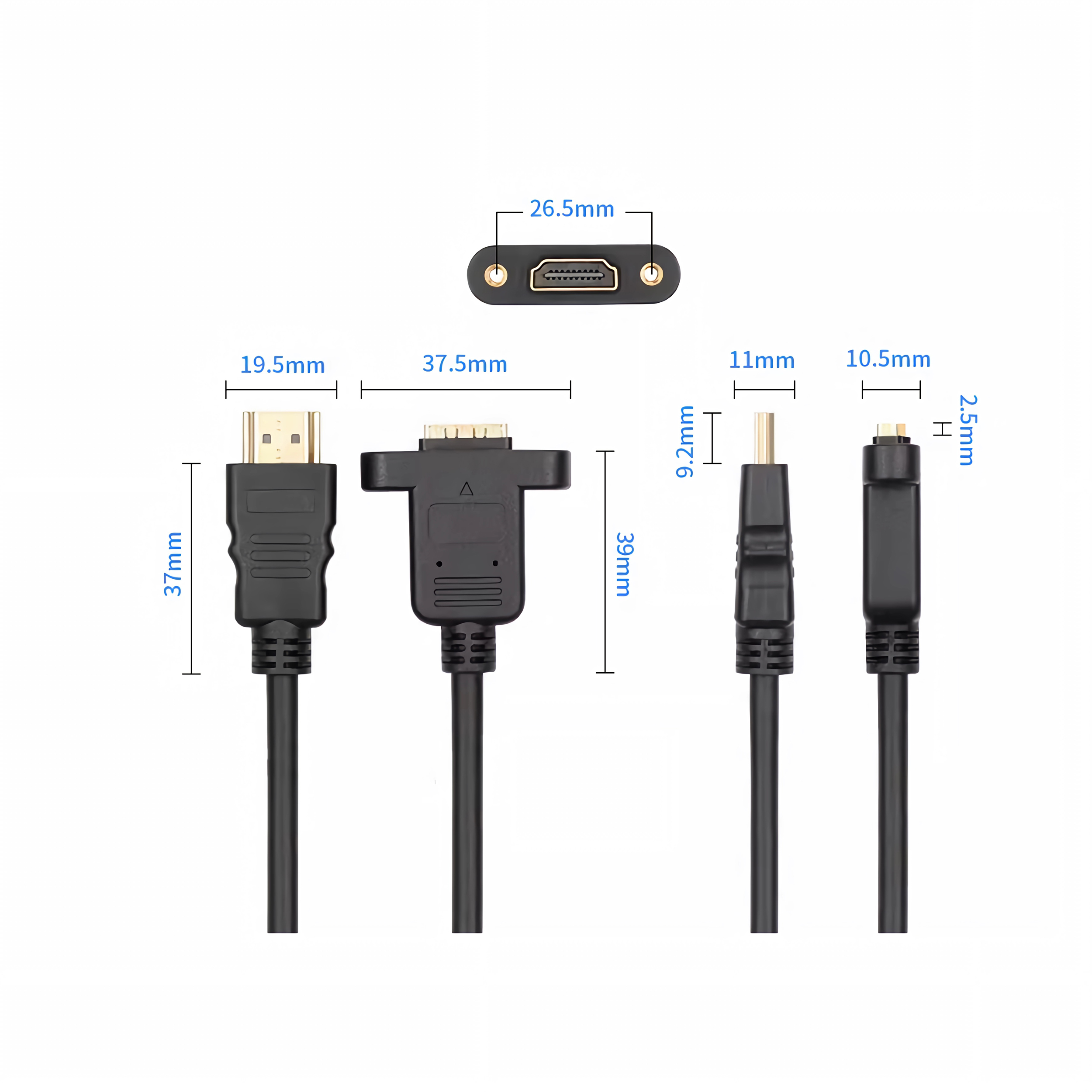Vier schwarze Kabeladapter mit Maßen und Anschlüssen.