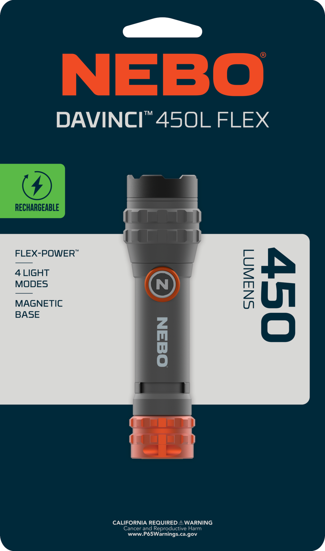 Torcia grigia con base arancione, 450 lumen, ricaricabile, 4 modalità luce.