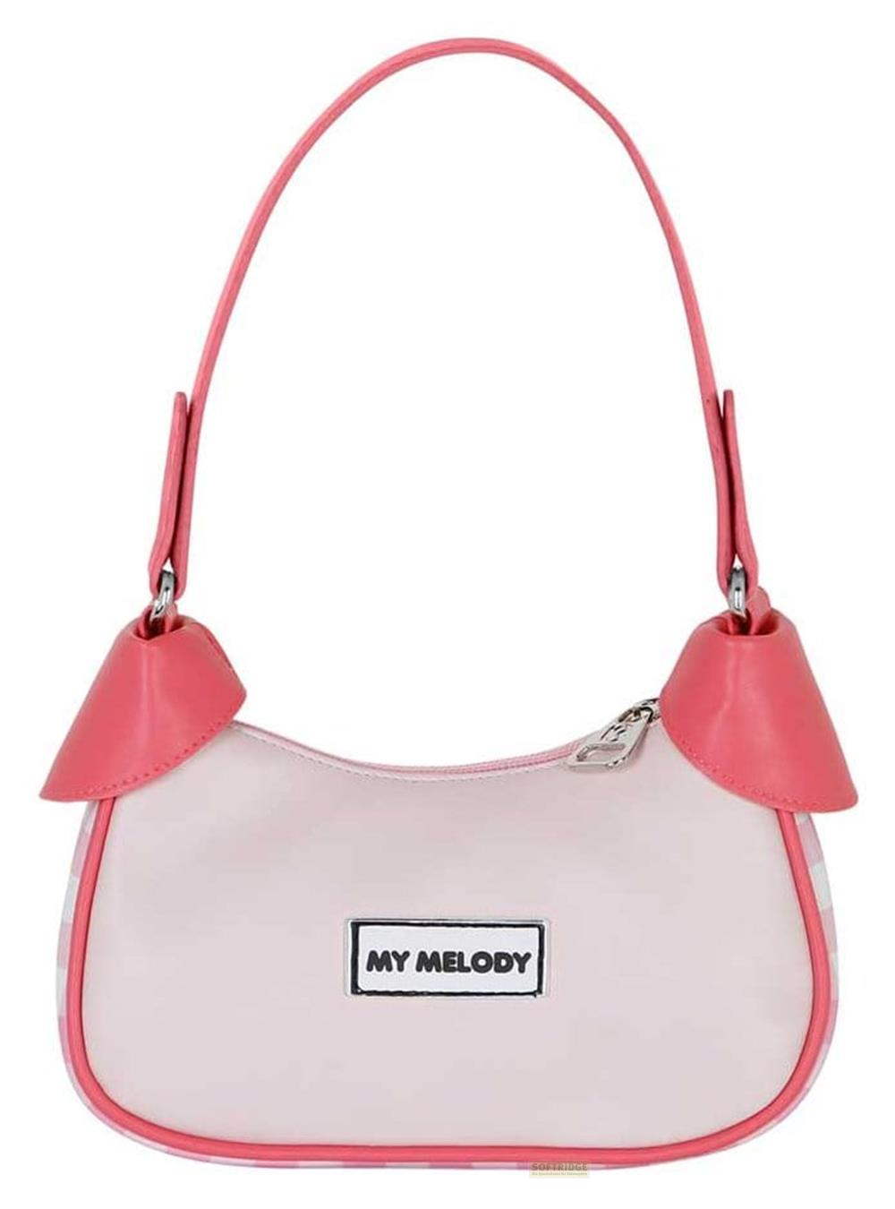 Un bolso rosa claro con logo "MY MELODY" y asa rosa.