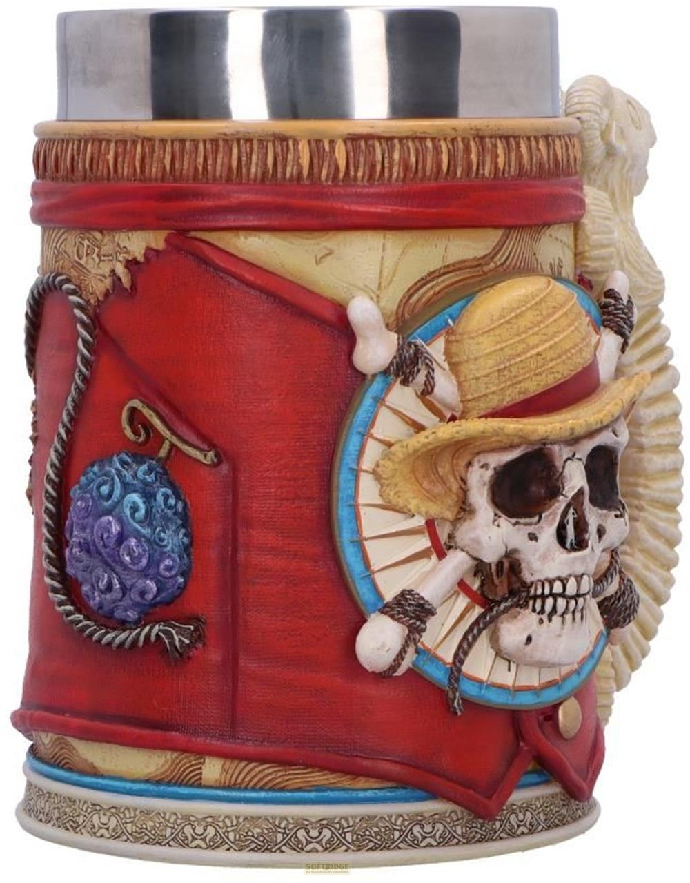 Ein Totenkopf mit Strohhut, Teufelsfrucht und Seil auf einem Becher.