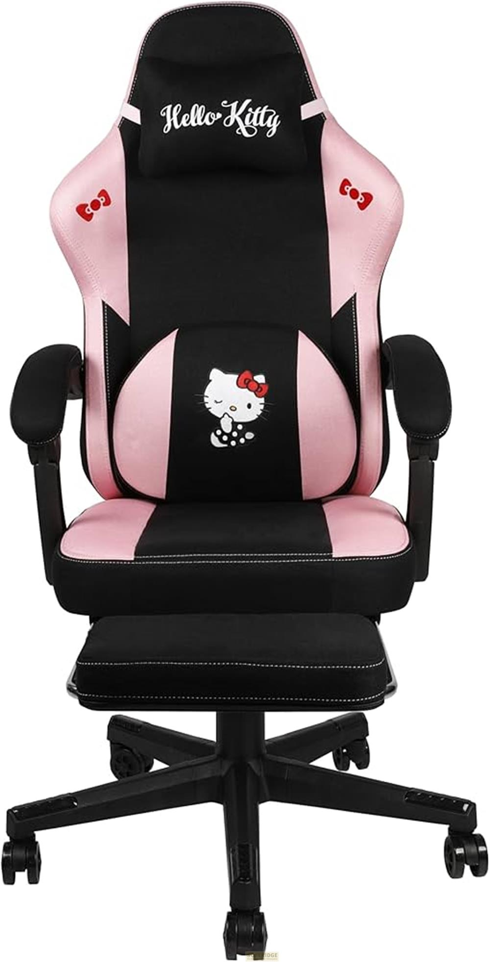 Ein rosa und schwarzer Hello Kitty Gaming-Stuhl mit ausziehbarem Fußstütze.