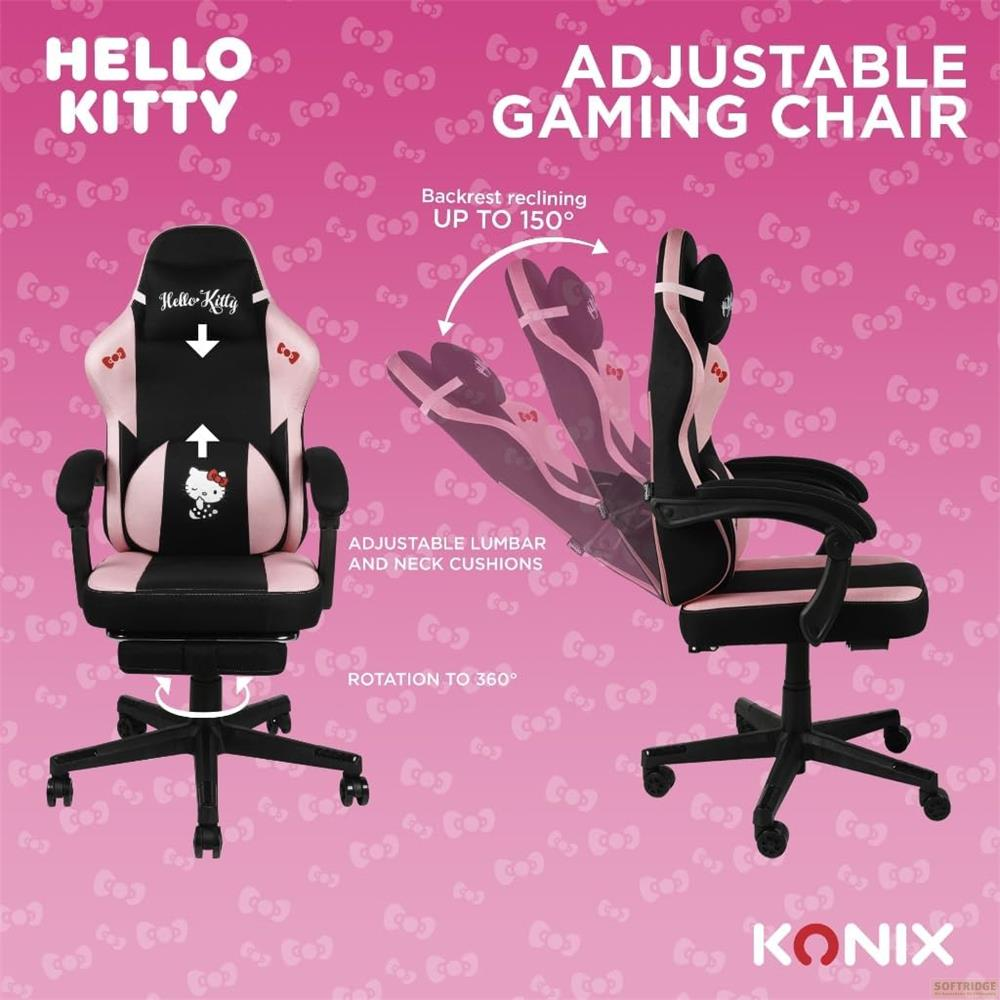 Hello Kitty Gaming Stuhl in Rosa und Schwarz, verstellbar, 150° neigbar, 360° drehbar.