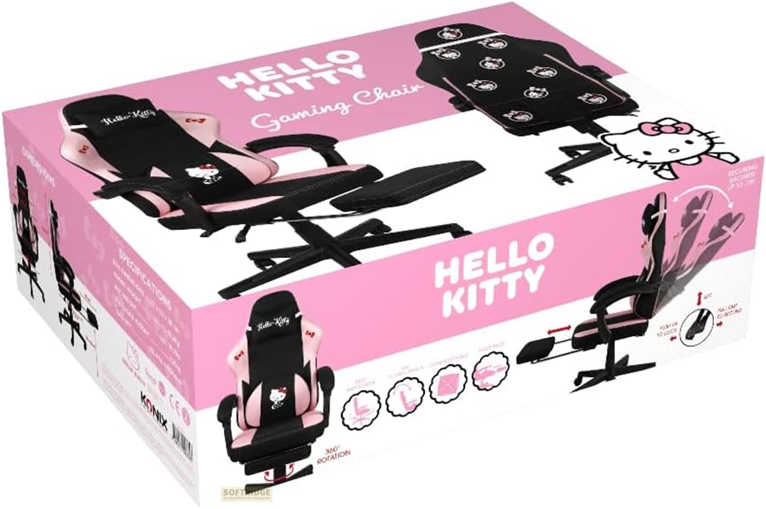 Ein Hello Kitty Gaming Stuhl in Rosa und Schwarz, auf einem Karton mit Produktbildern.