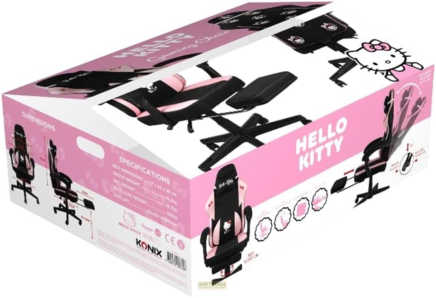 Hello Kitty Gaming Stuhl auf rosa und schwarzer Verpackung mit Spezifikationen.