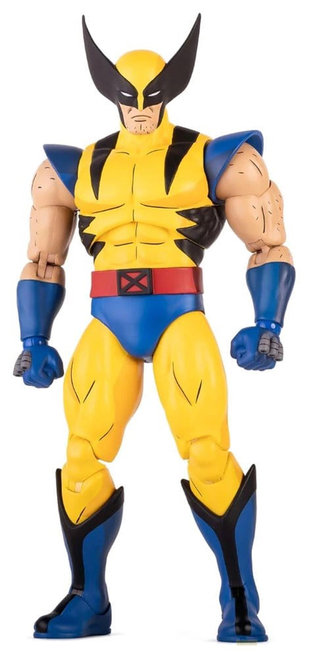 Eine Actionfigur von Wolverine in gelber und blauer Kleidung mit schwarzen Akzenten.
