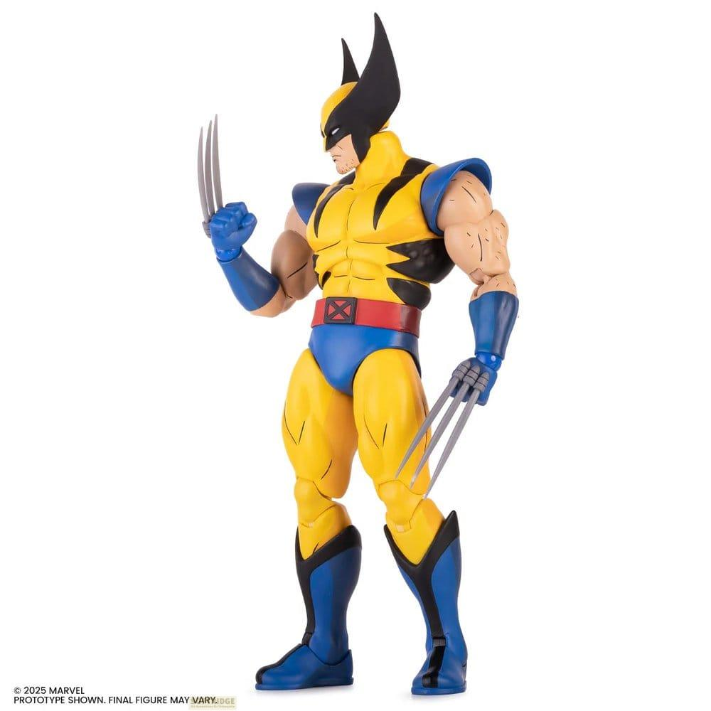Eine Actionfigur von Wolverine in gelb-blauem Kostüm mit Krallen.