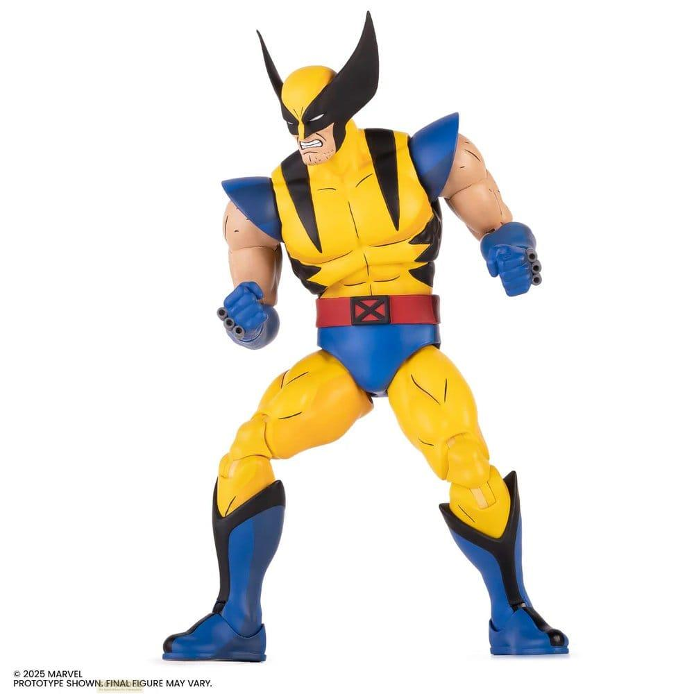 Actionfigur Wolverine in gelbem Anzug mit blauen Akzenten und roten Gürtel.