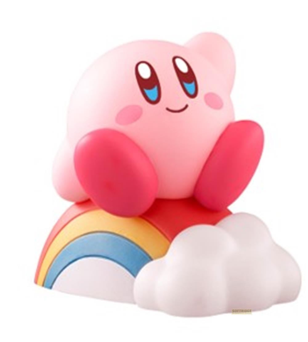Ein rosa Kirby sitzt auf einem Regenbogen mit einer Wolke daneben.