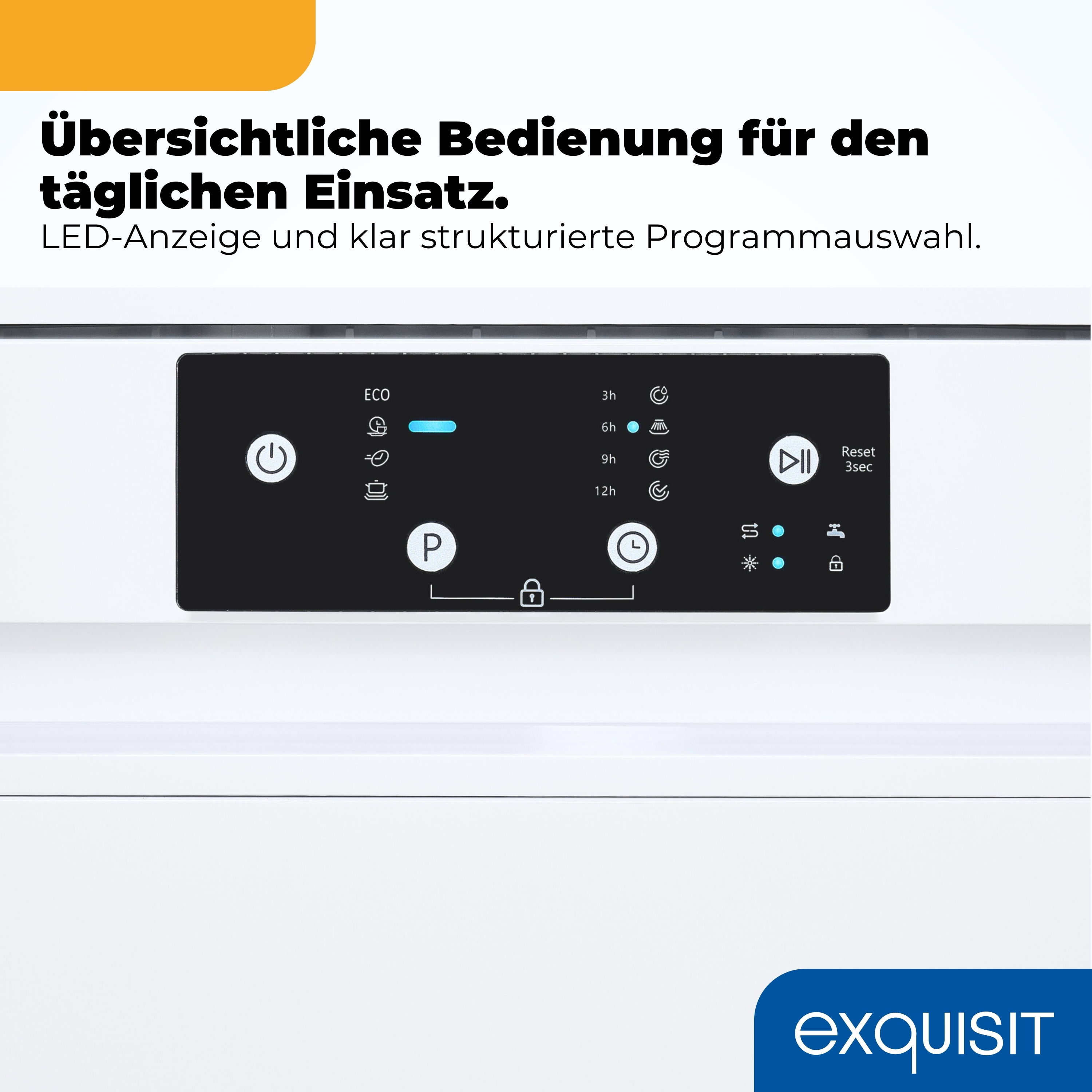 Ein Geschirrspüler-Bedienfeld mit Tasten, LEDs und Symbolen.