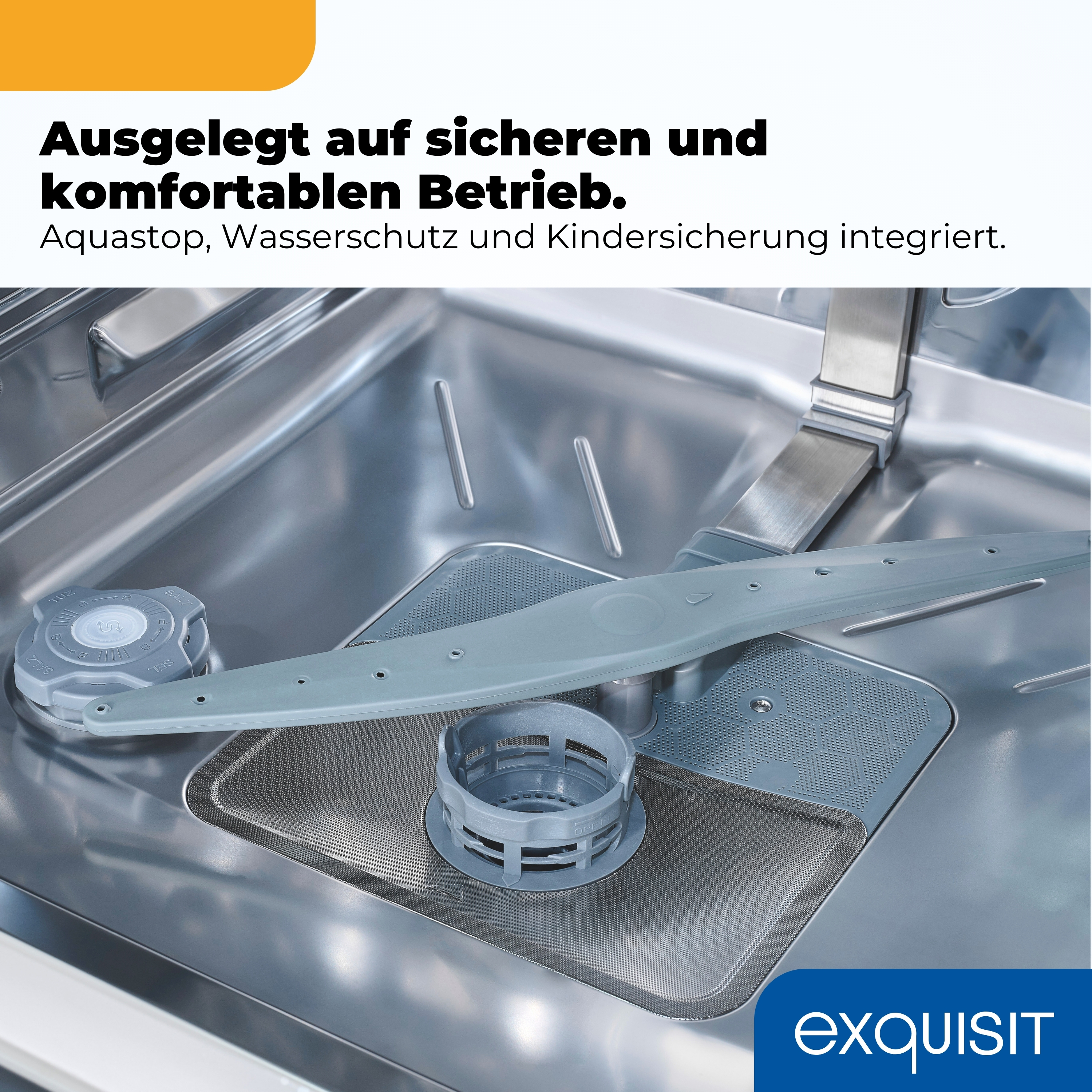Innenansicht einer Spülmaschine mit Sprüharm und Salzbehälter.