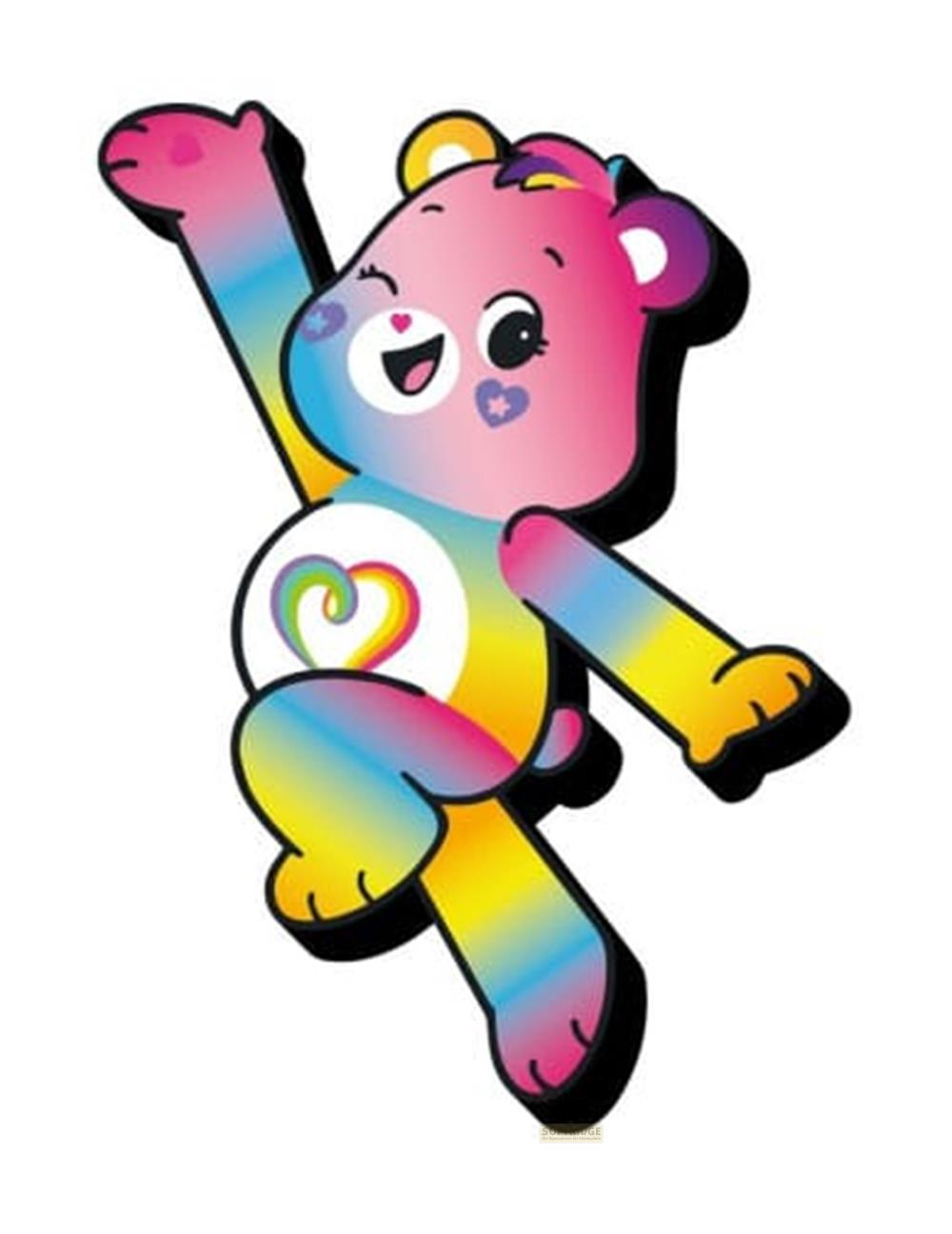 Ein bunter Teddybär mit Regenbogenfarben und einem Herzsymbol auf dem Bauch.