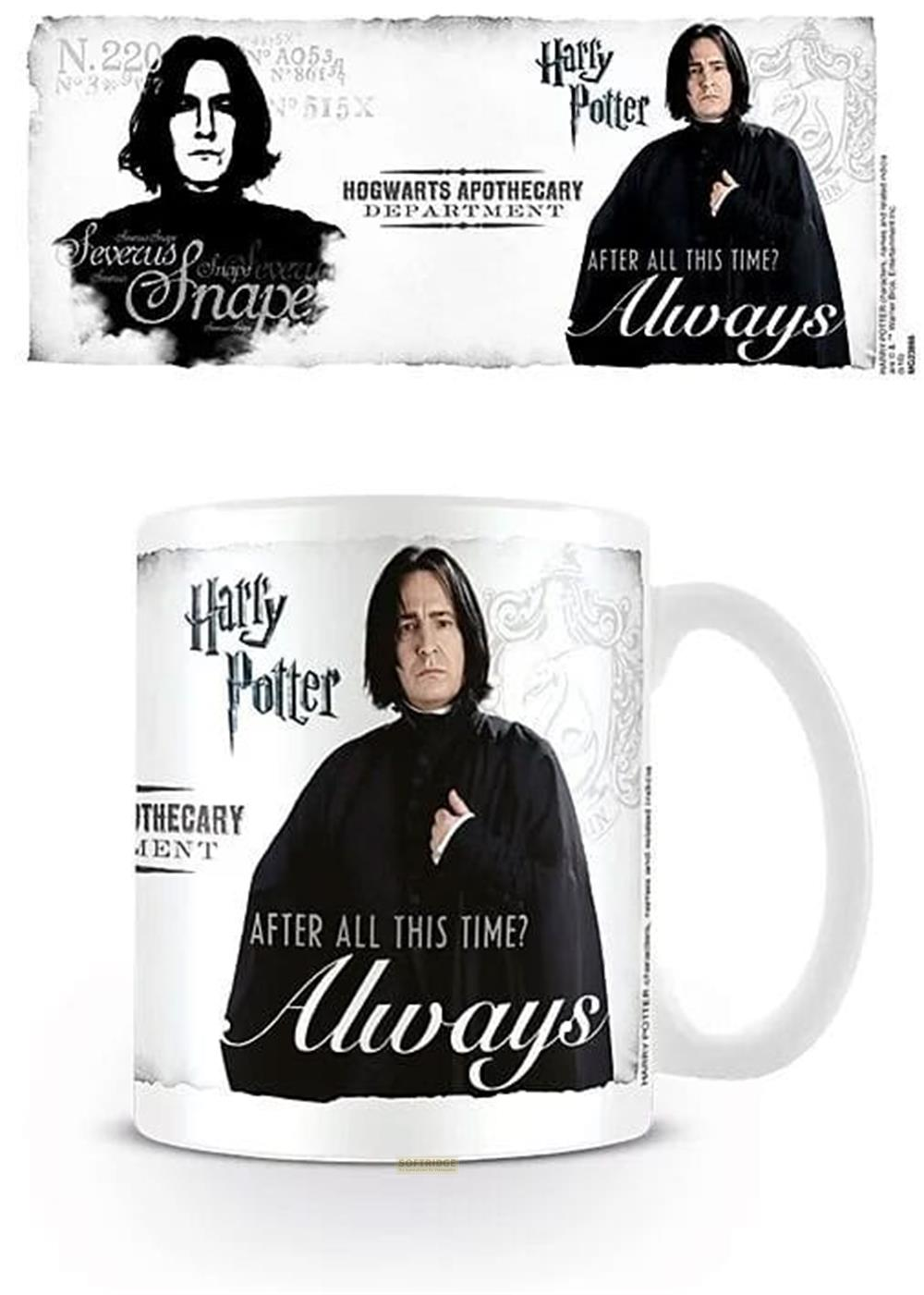 Severus Snape mit Harry Potter Logo und Spruch "Always" auf einer Tasse.