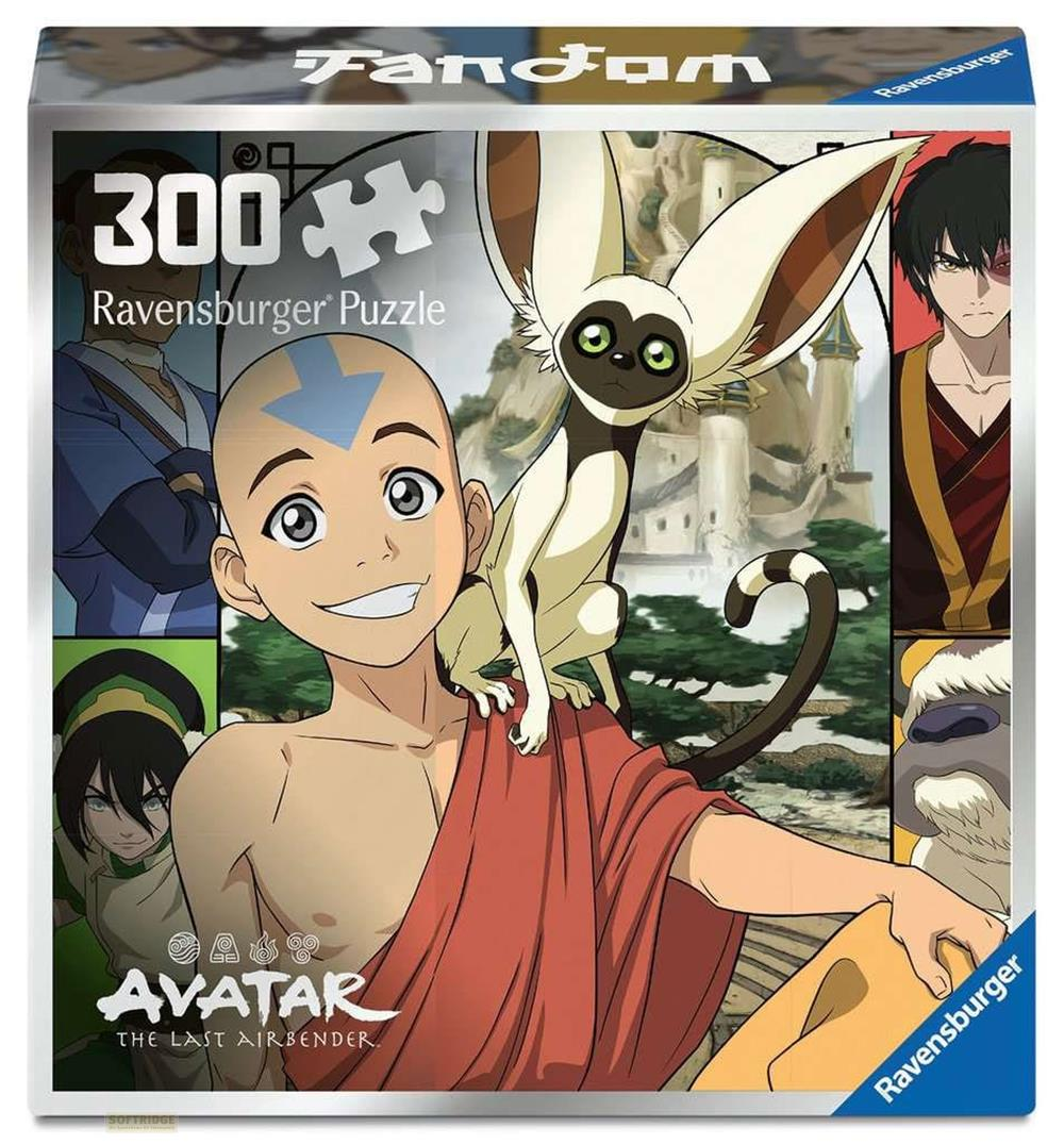 Aang e Momo su un puzzle Ravensburger di Avatar con altri personaggi.