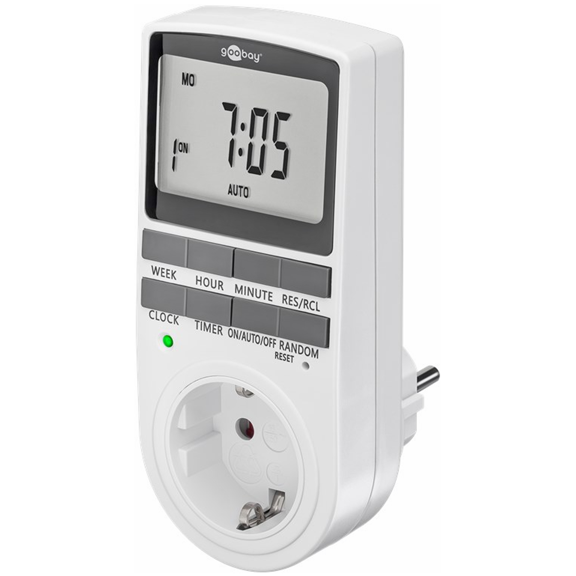 Ein weißer digitaler Timer mit Steckdose und LCD-Display zeigt 7:05 an.
