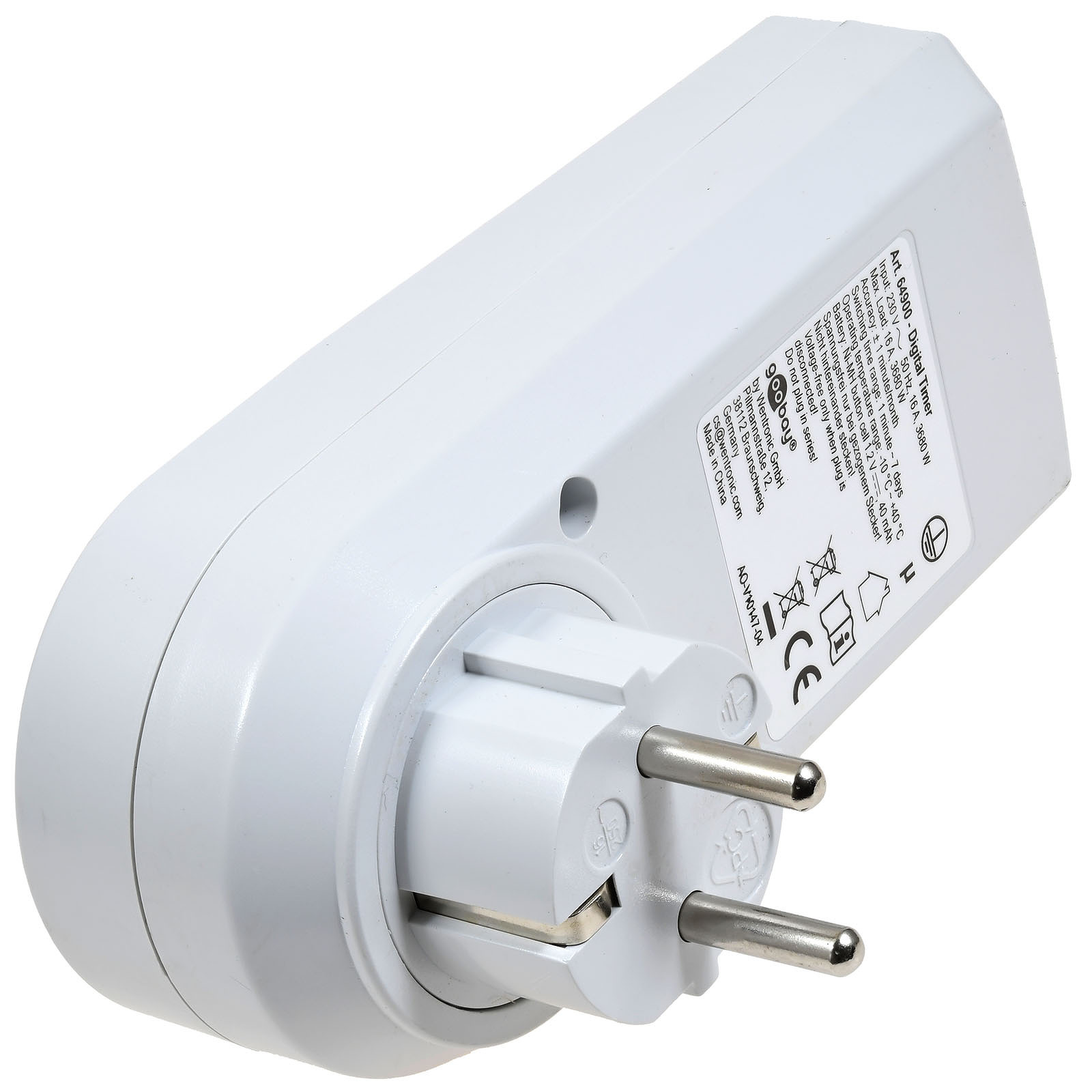 Ein weißer digitaler Zeitschaltuhr-Stecker mit EU-Stecker und detaillierten Informationen.