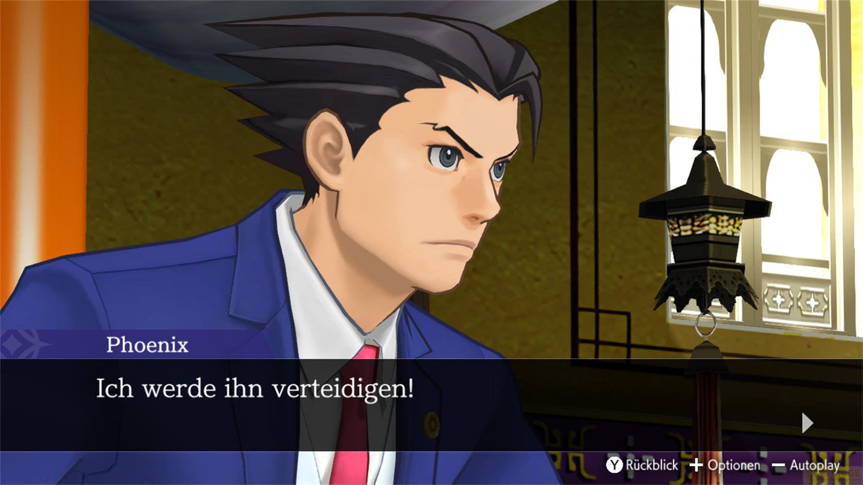 Phoenix Wright in abito blu parla, con una lampada sullo sfondo.