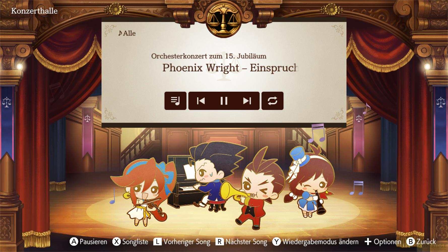 Personaggi Chibi suonano strumenti su un palco con tende rosse.