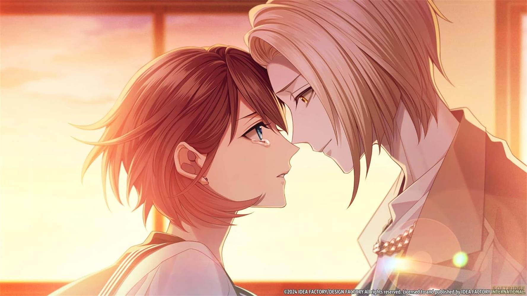 Due personaggi anime si toccano la fronte nella calda luce del tramonto.
